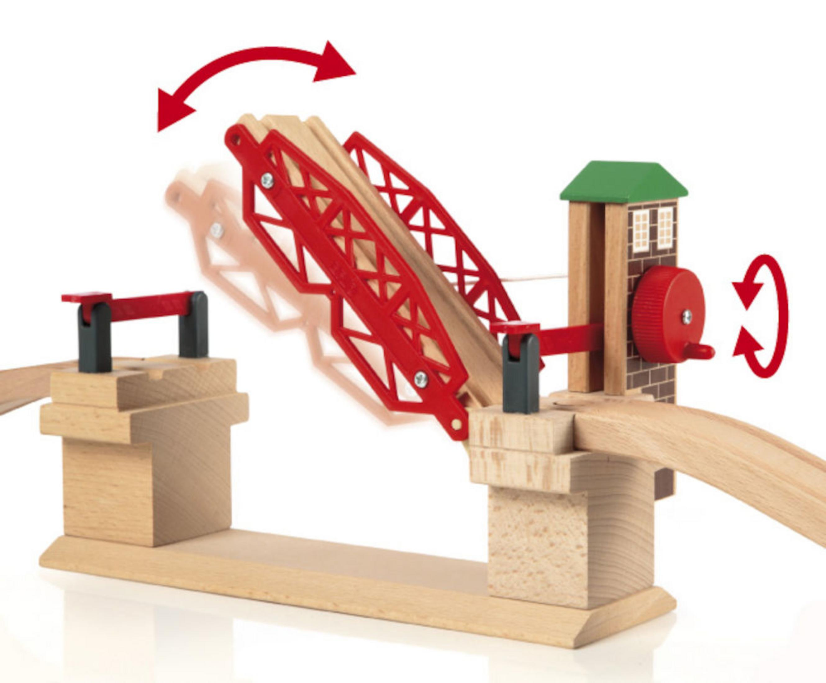 Eine hölzerne Spielzeugbrücke mit einem roten Brückenteil, das angehoben und abgesenkt werden kann.