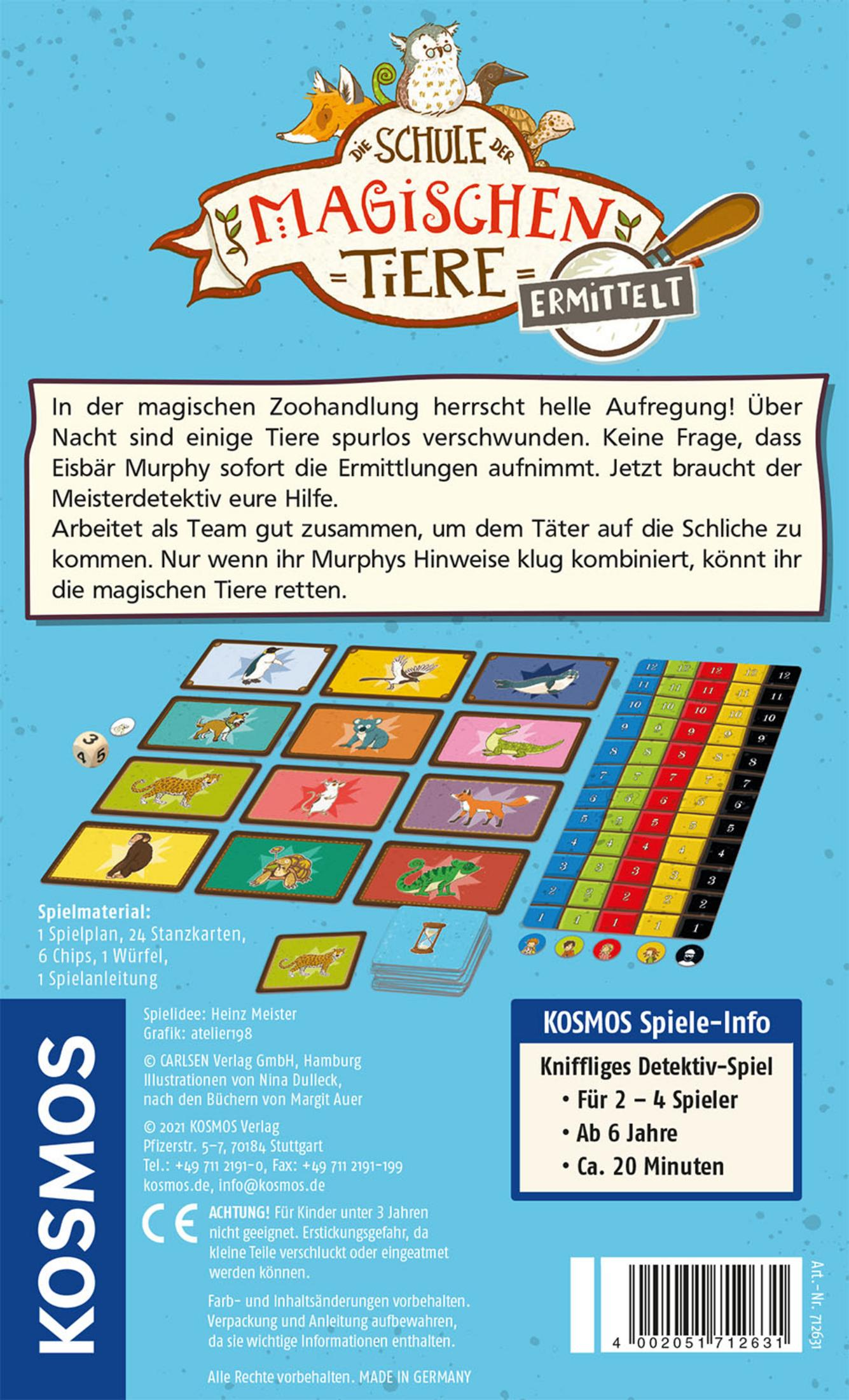 Spielbox mit Text und Illustrationen. Sie zeigt die Rückseite der Box mit Text und Bildern.