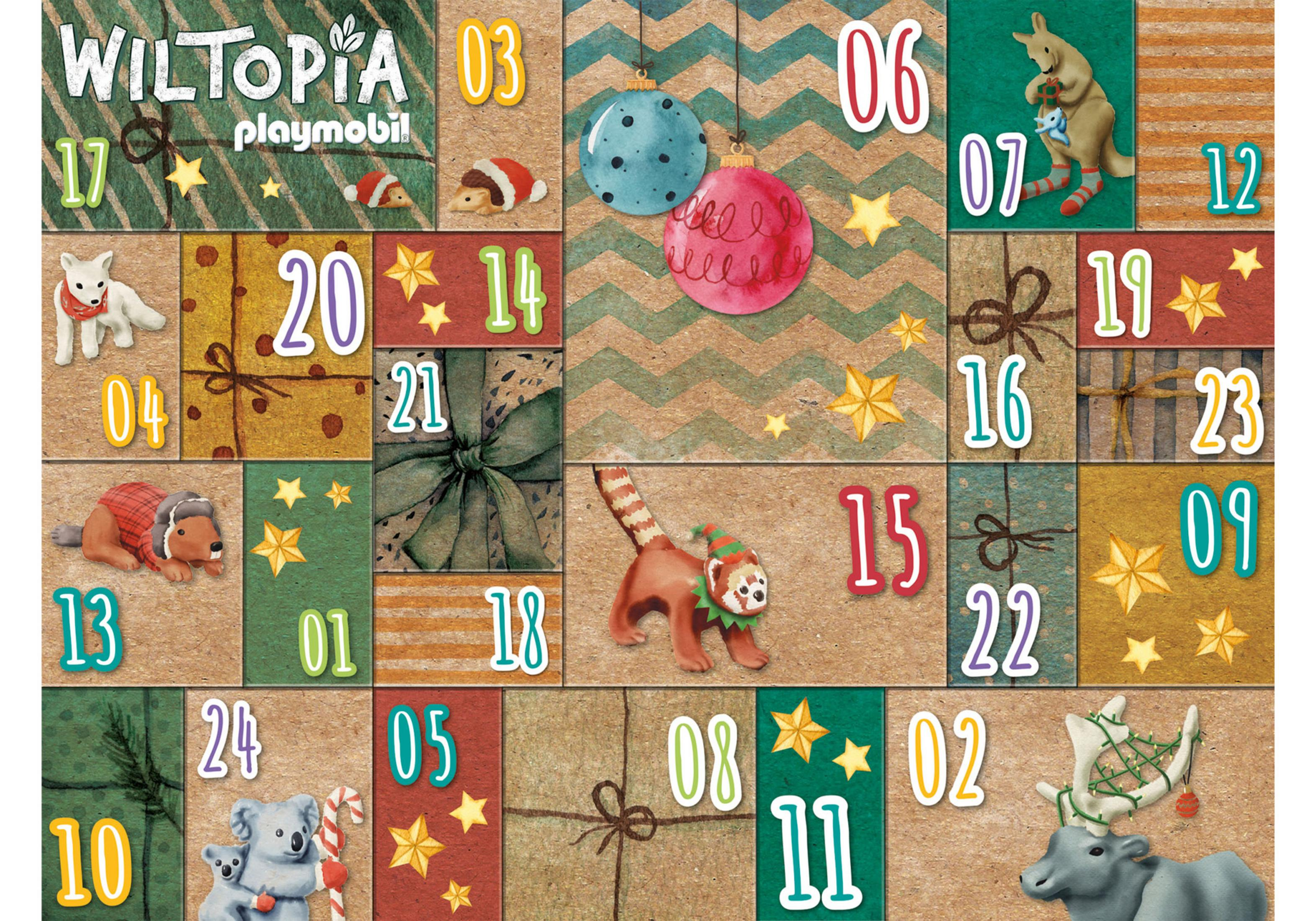 Adventskalender mit nummerierten Türen und Illustrationen von Winterszenen und Tieren.