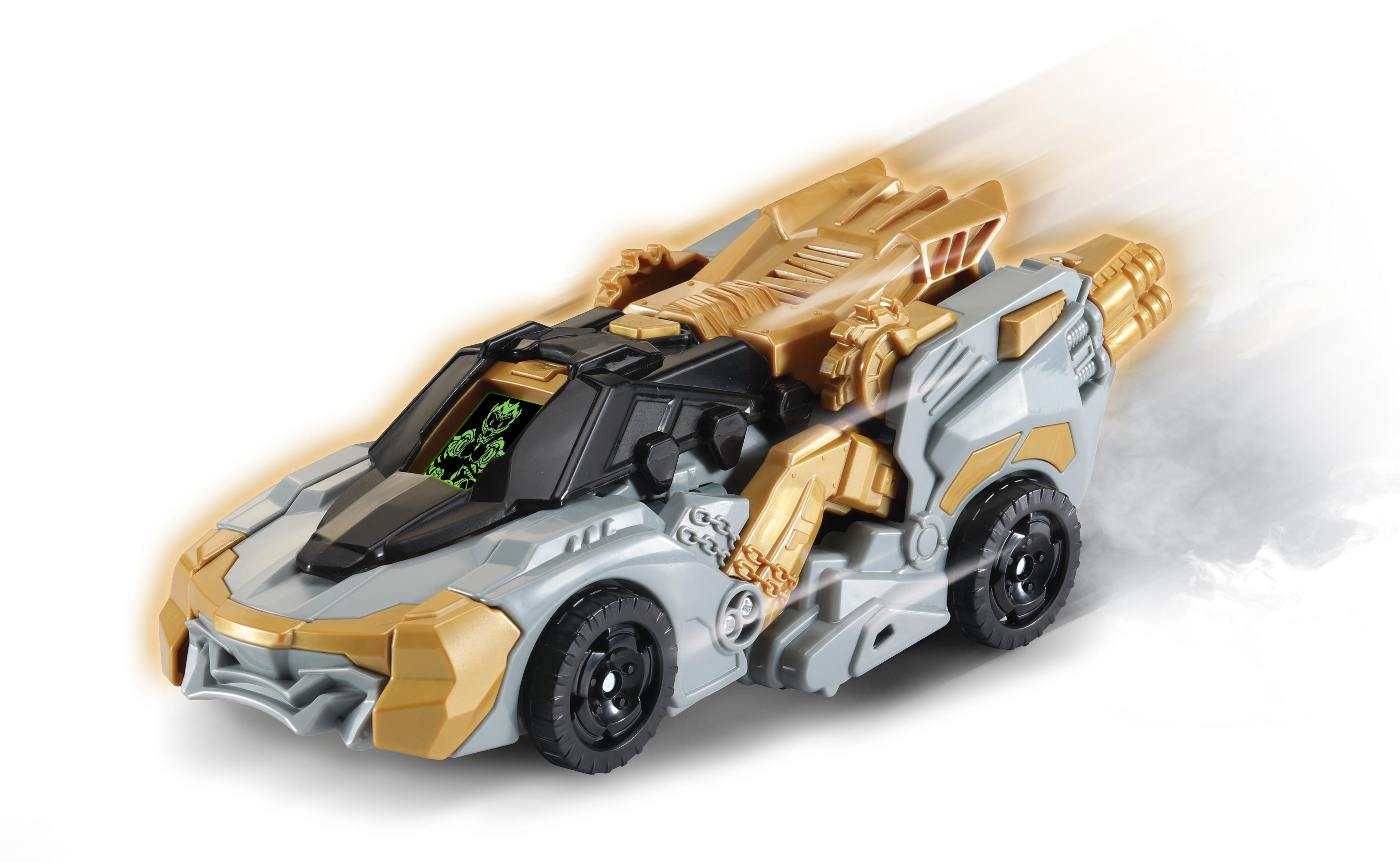 Futuristisches Spielzeugauto in Grau und Gold, mit Bewegungslinien vor weißem Hintergrund.