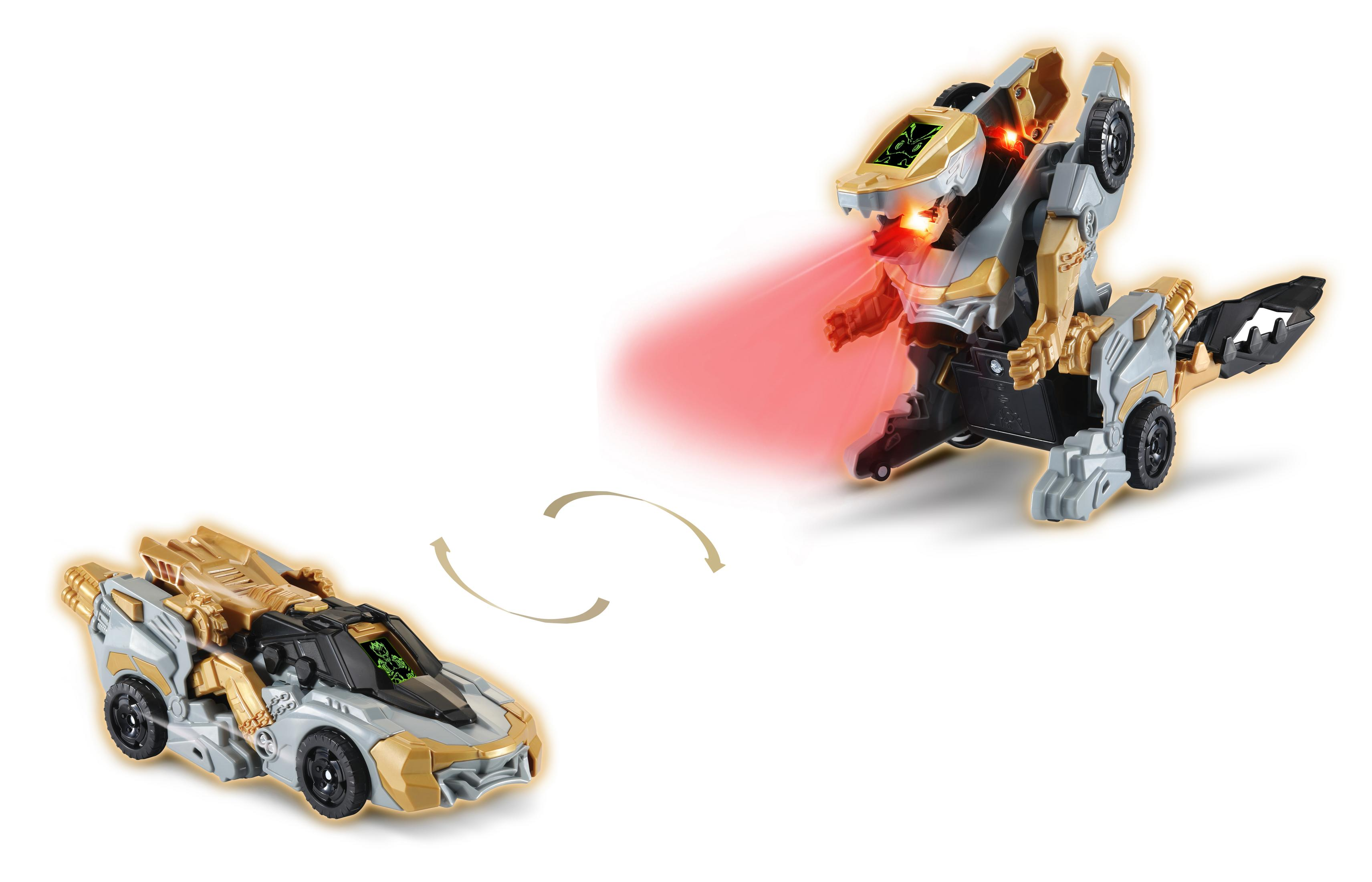Spielzeugauto, das sich in einen Roboter verwandelt. Silberfarbenes und goldfarbenes Spielzeug mit Laserstrahl.