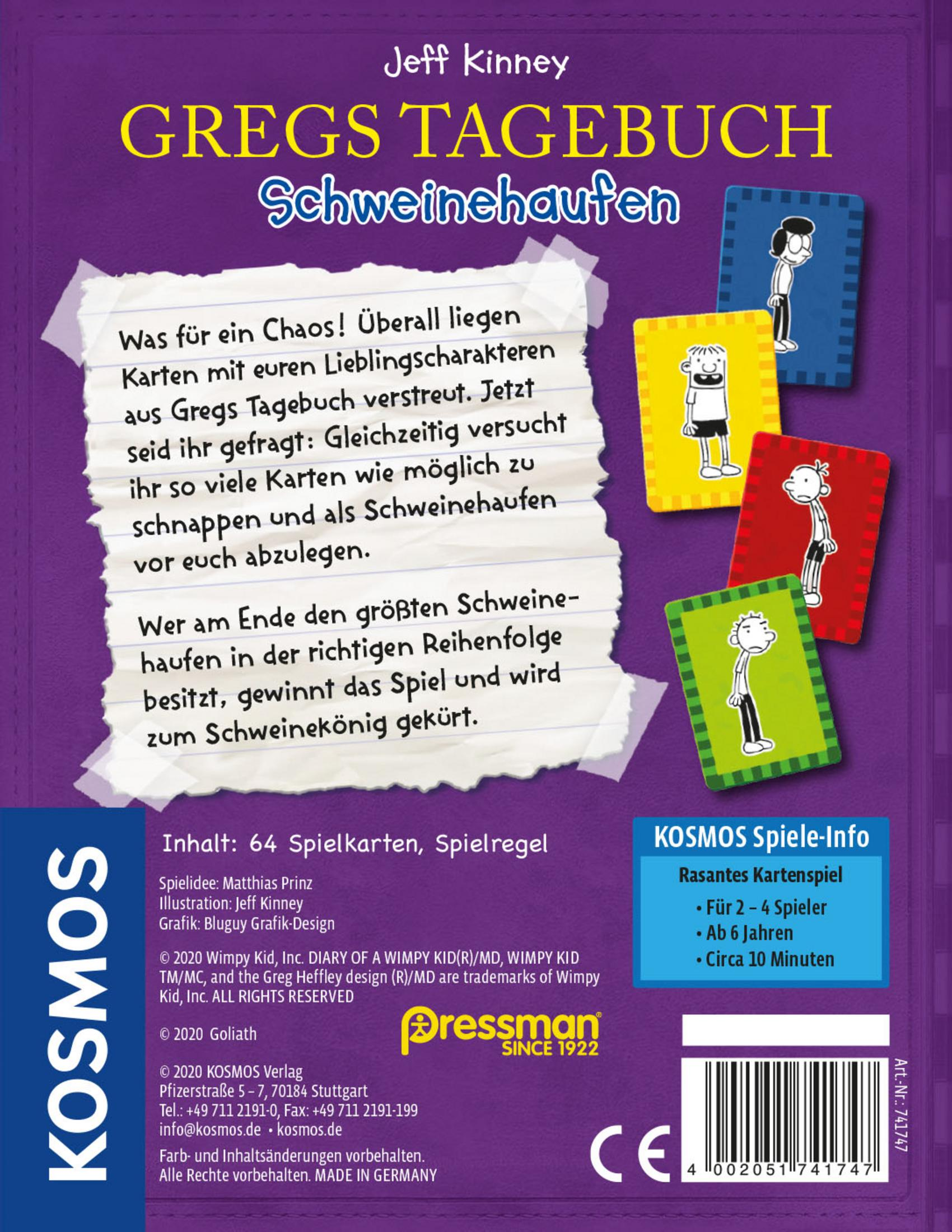 Die Rückseite eines deutschen Buches mit dem Titel "Gregs Tagebuch: Schweinehaufen" mit Spielanweisungen.