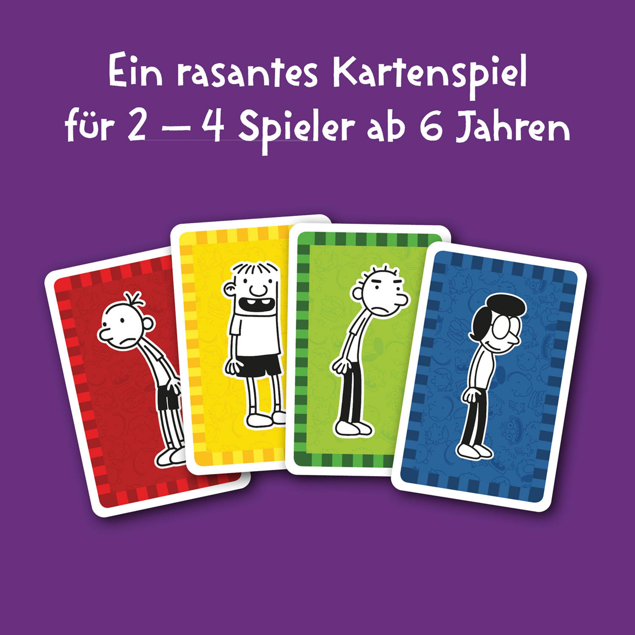 Vier Spielkarten mit Cartoonfiguren auf lila Hintergrund. Text auf Deutsch oben.