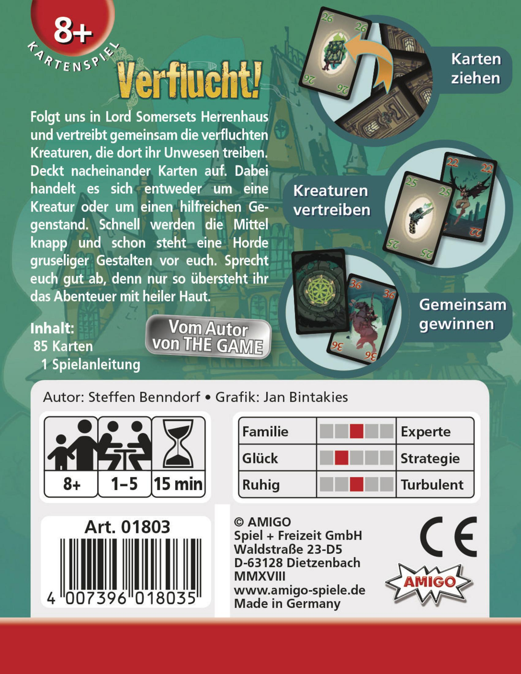 Die Rückseite einer Kartenspielbox mit Spielanweisungen, Kartenbeispielen und Grafiken, mit Text auf Deutsch.