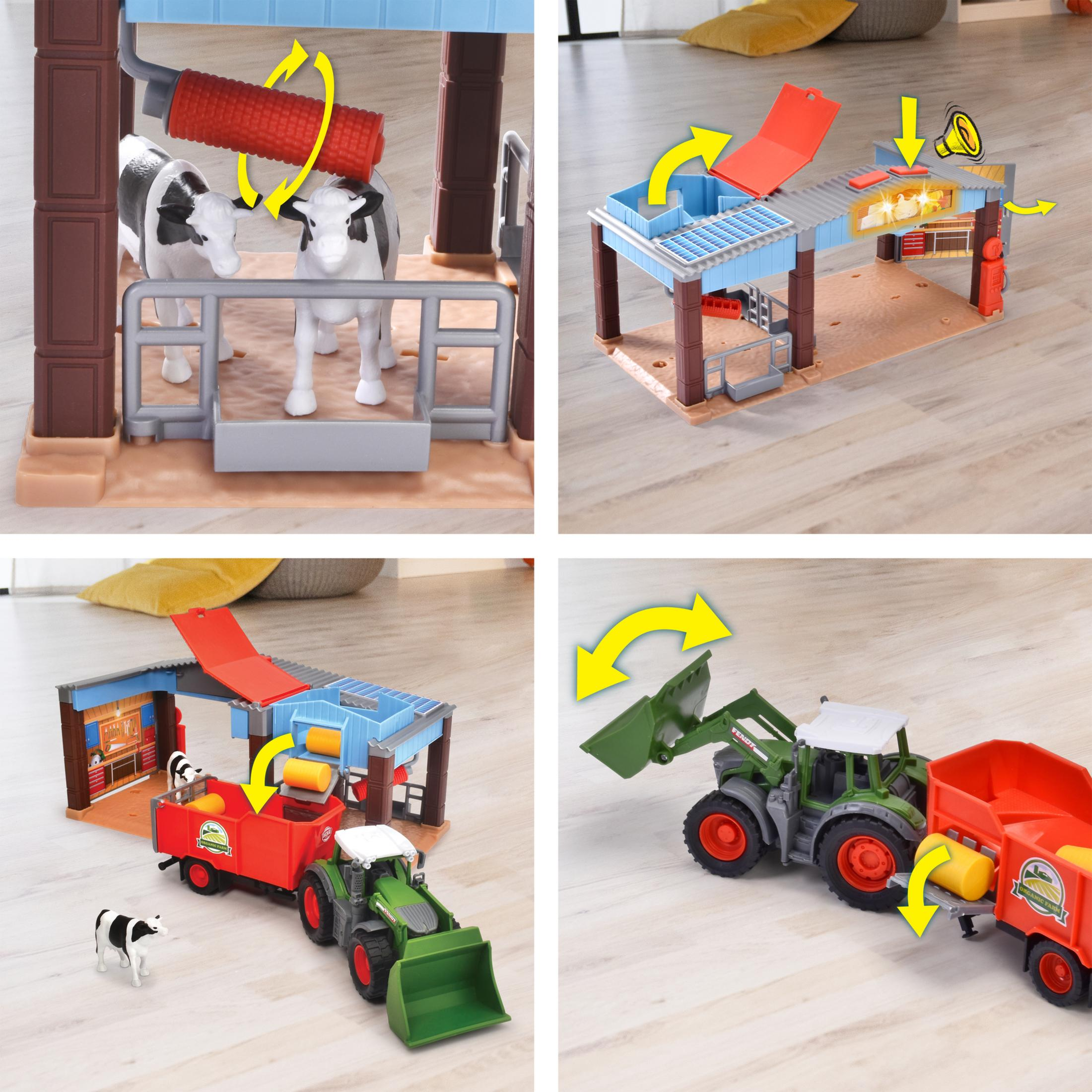 Spielzeug-Bauernhof-Set mit animierten Teilen. Traktor, Kühe und Bauernhof. Animierte Teile gezeigt.