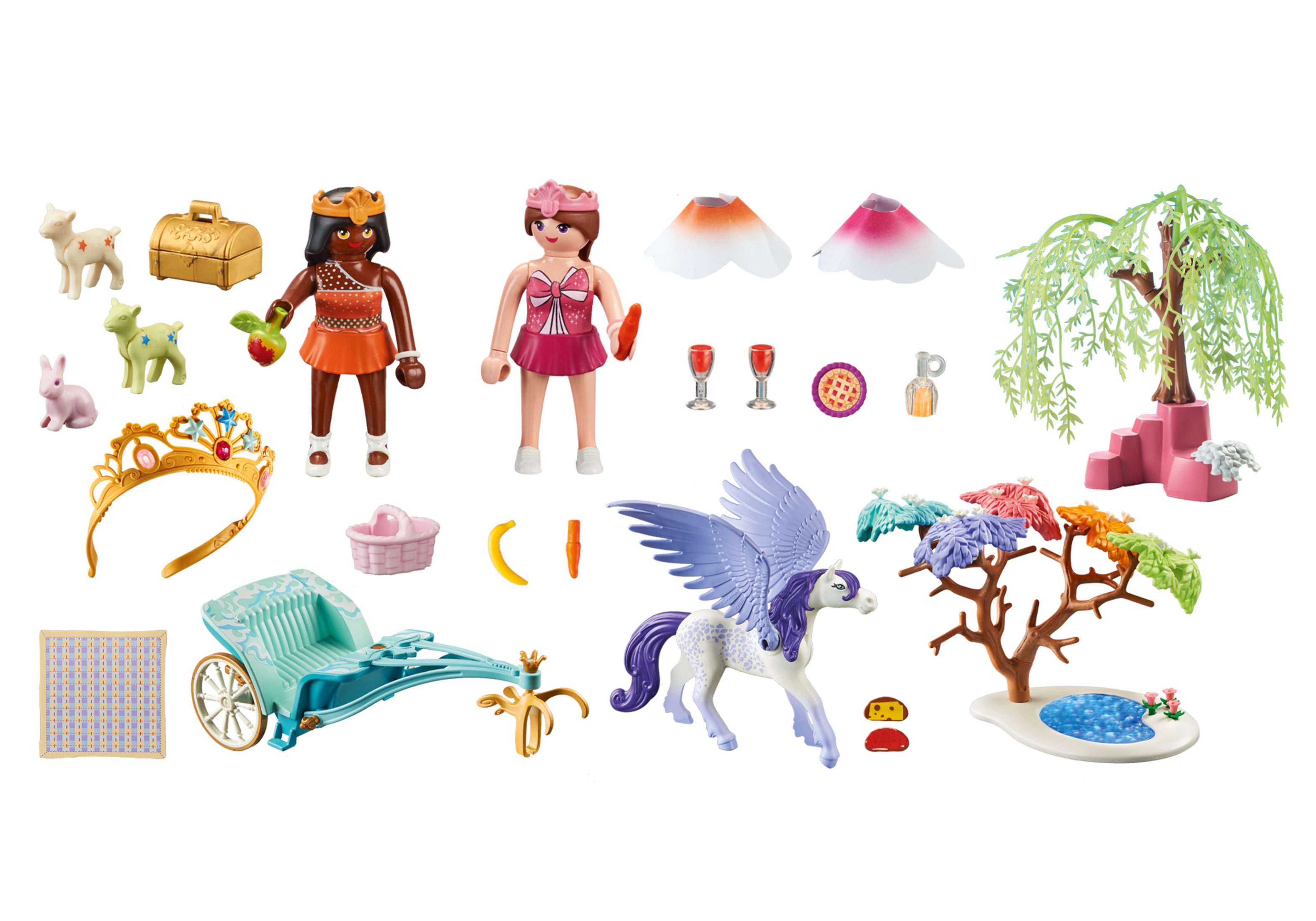Playmobil-Set mit Spielfiguren, einem Streitwagen, einem Pegasus und anderem Zubehör zum Thema Fantasie.
