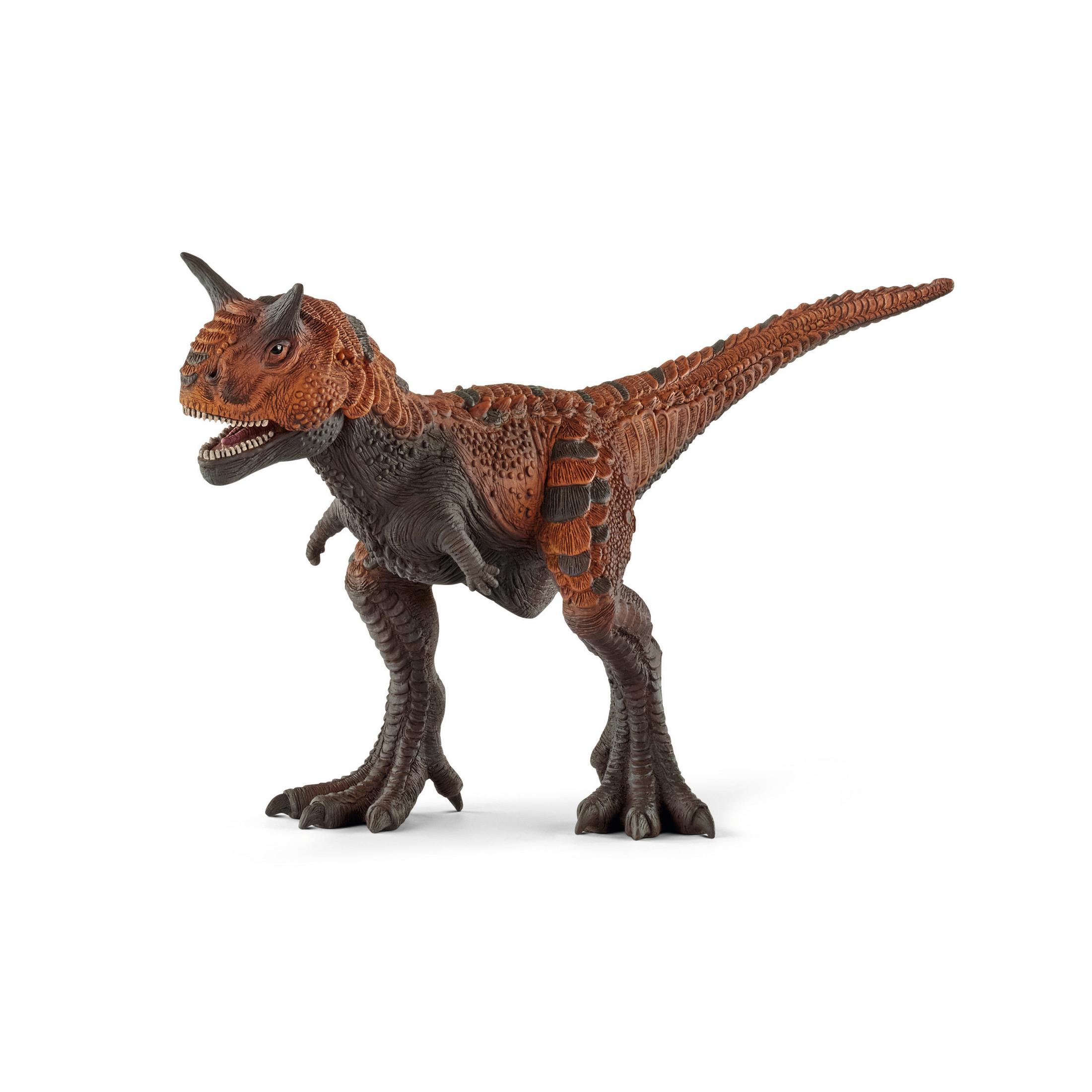 Speelgoeddinosaurus, een bruine en grijze carnotaurus. De dinosaurus staat.