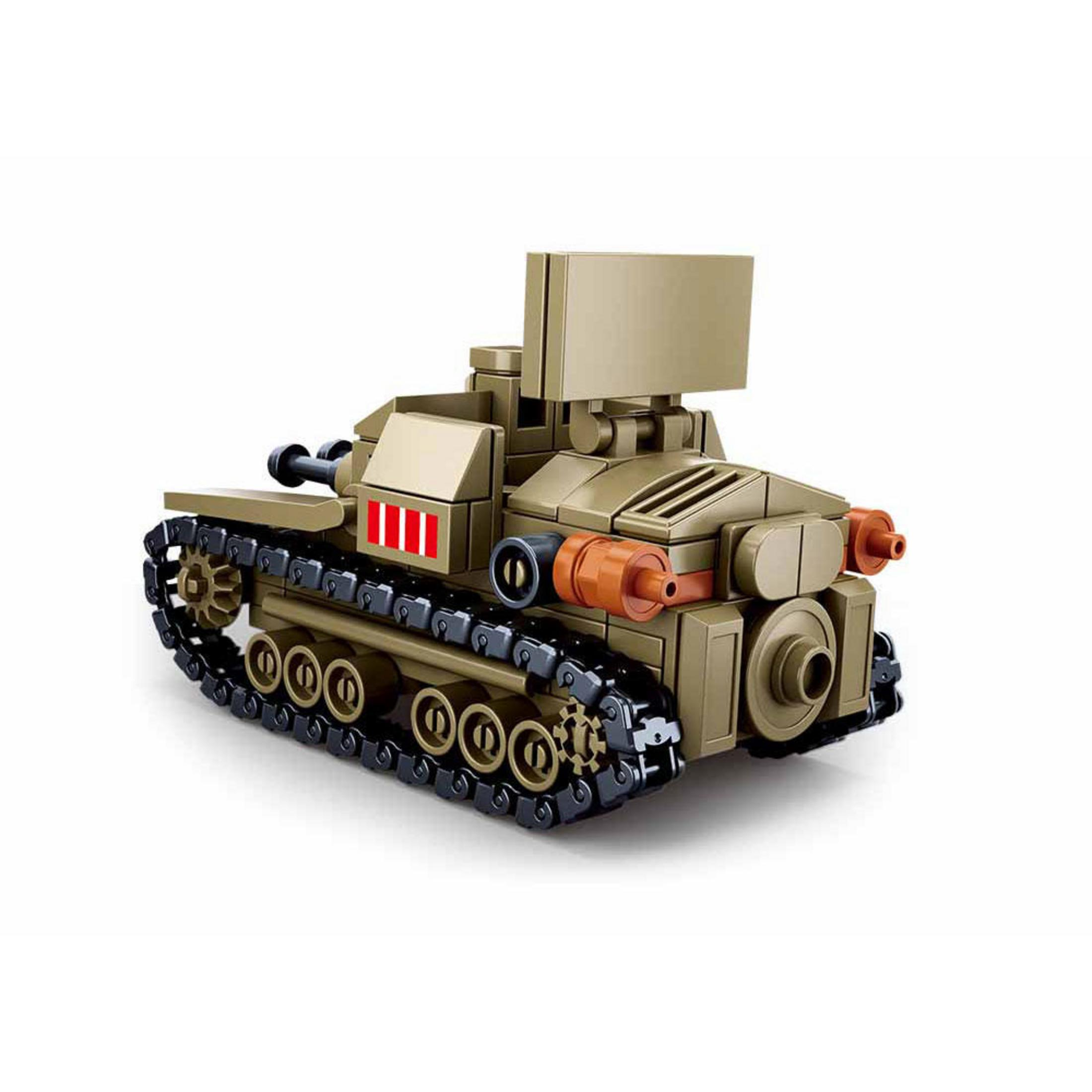 Brauner Spielzeugpanzer. Ketten, zwei Kanonen und eine antennenartige Struktur oben.