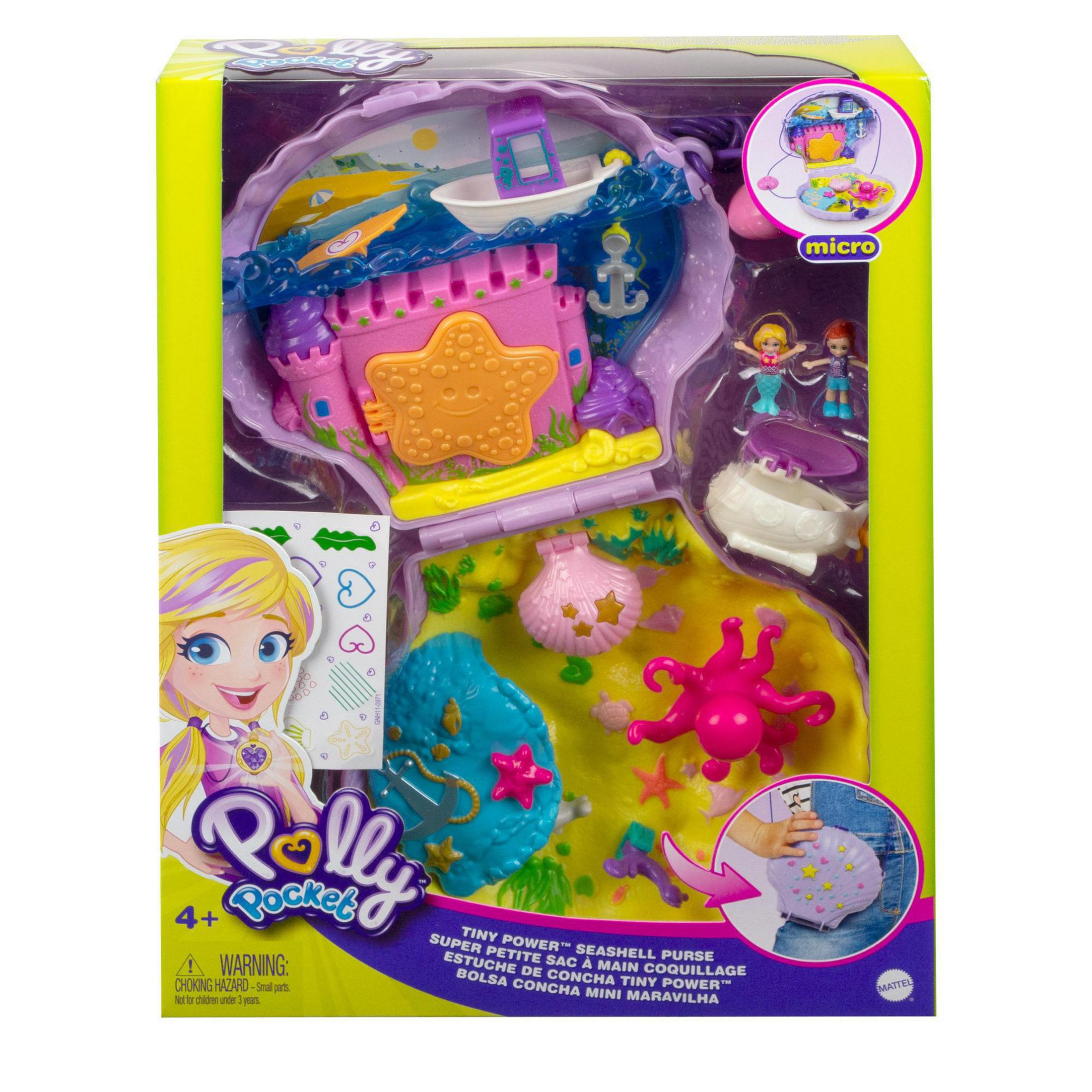Zestaw zabawek Polly Pocket w etui w kształcie muszli. Etui jest różowe z małą łódką i figurkami.