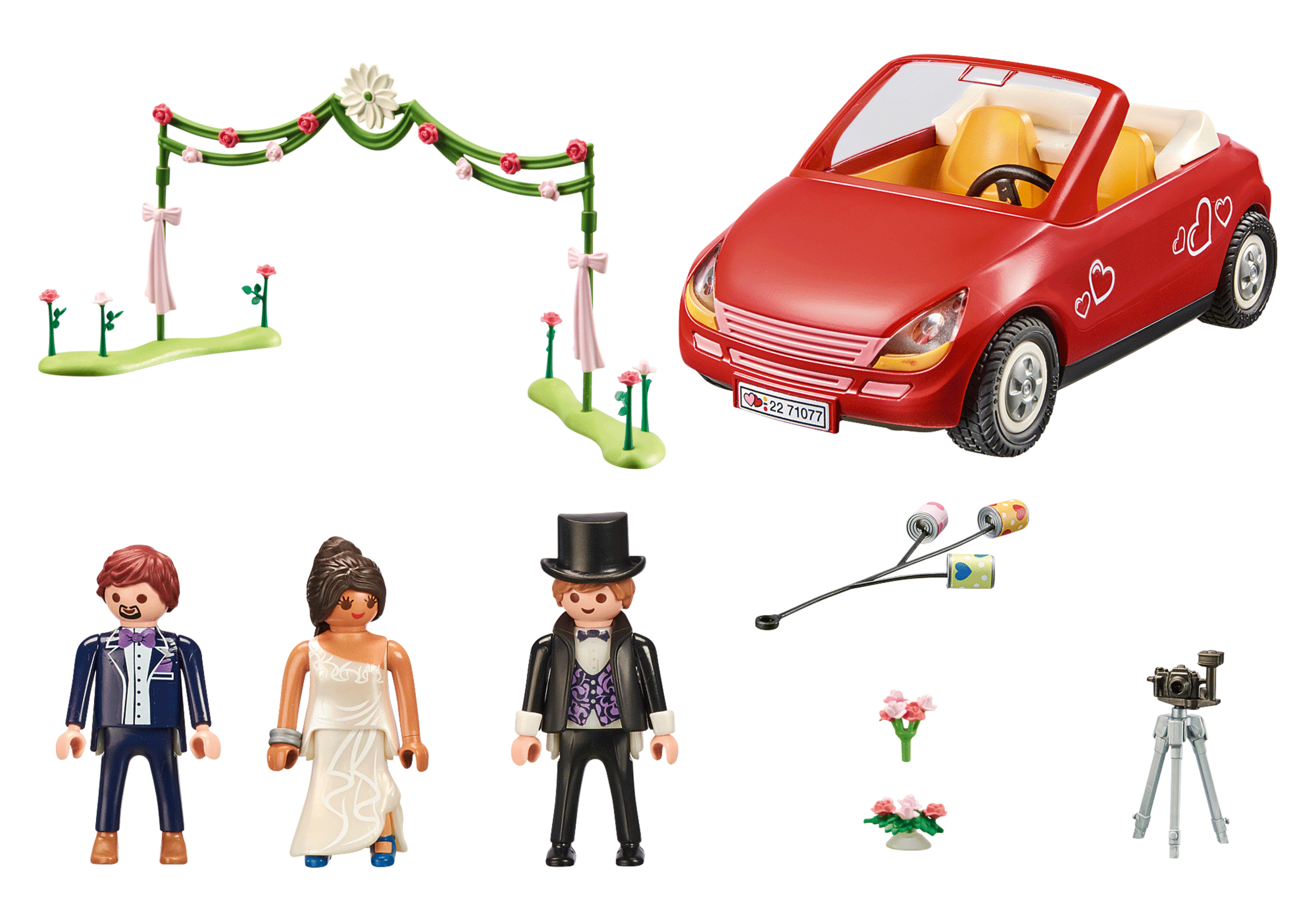 Playmobil Hochzeitsset mit Figuren, Bogen, rotem Auto und Zubehör.