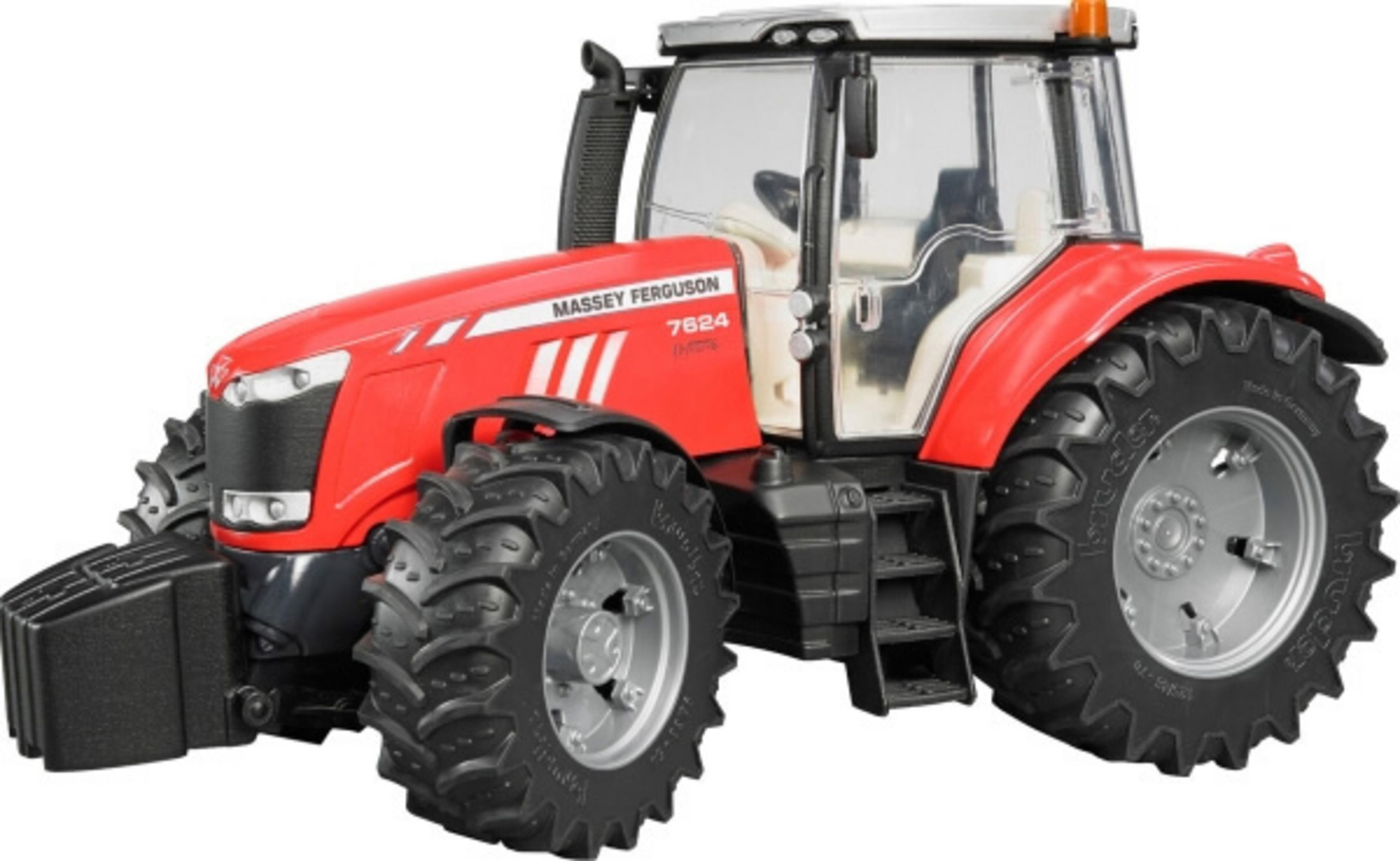 Czerwony traktor zabawkowy Massey Ferguson 7624, z czarnymi oponami i białą kabiną.
