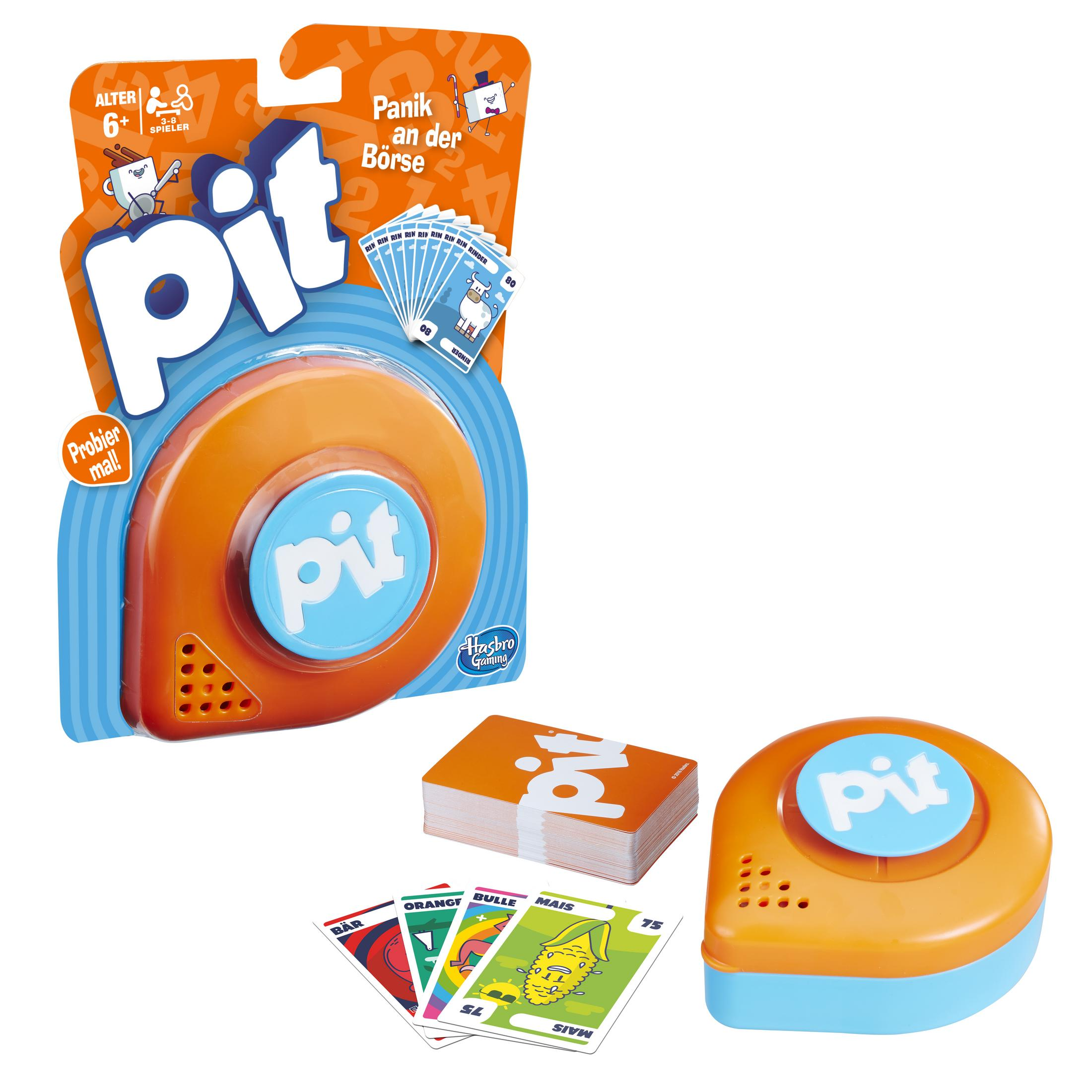Eine Brettspielbox mit Karten und einem Timer. Das Spiel heißt 'Pit'.