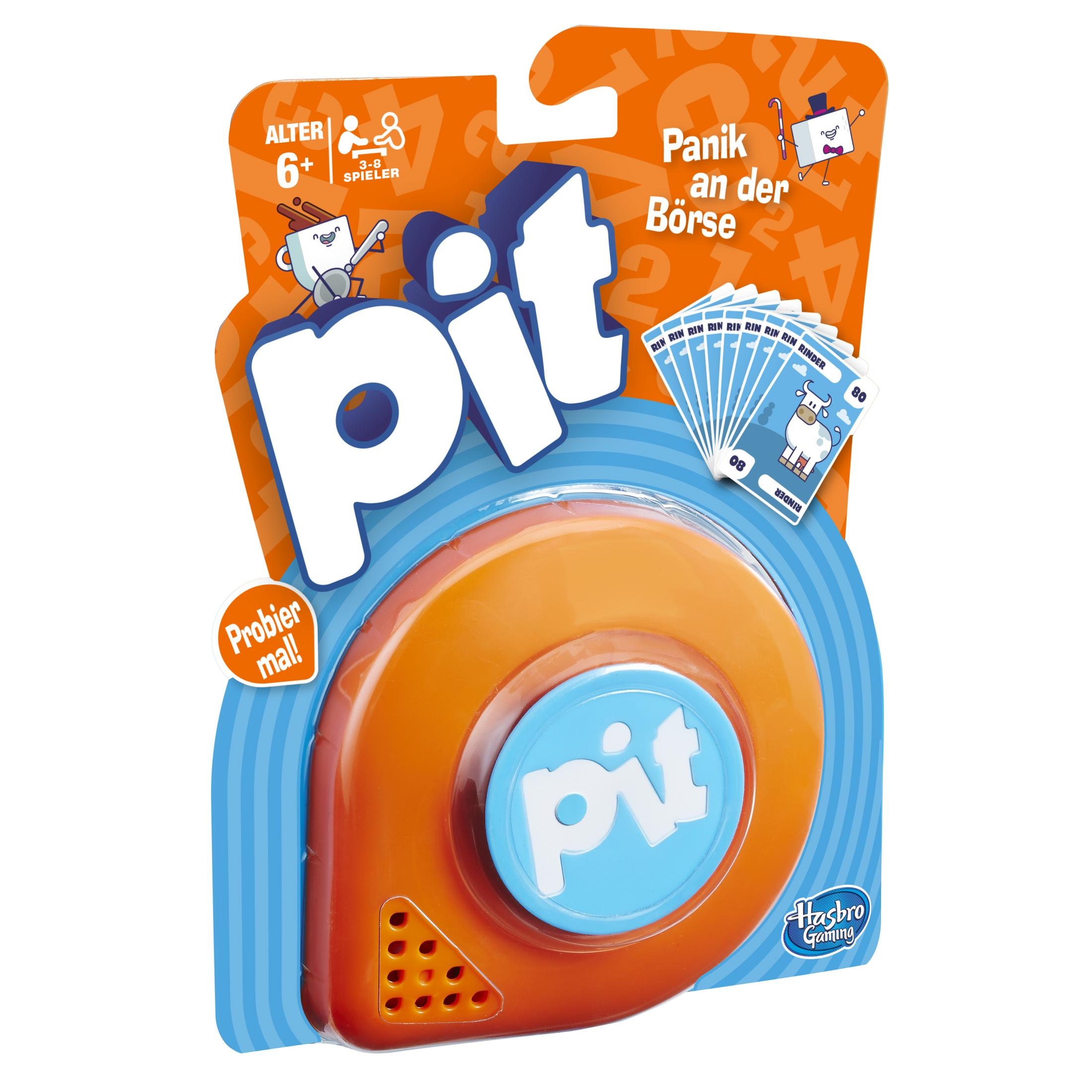 Eine Brettspielbox. Sie hat eine orangefarbene Mitte und blaue Ränder mit dem Wort „Pit“. Weißer Hintergrund.