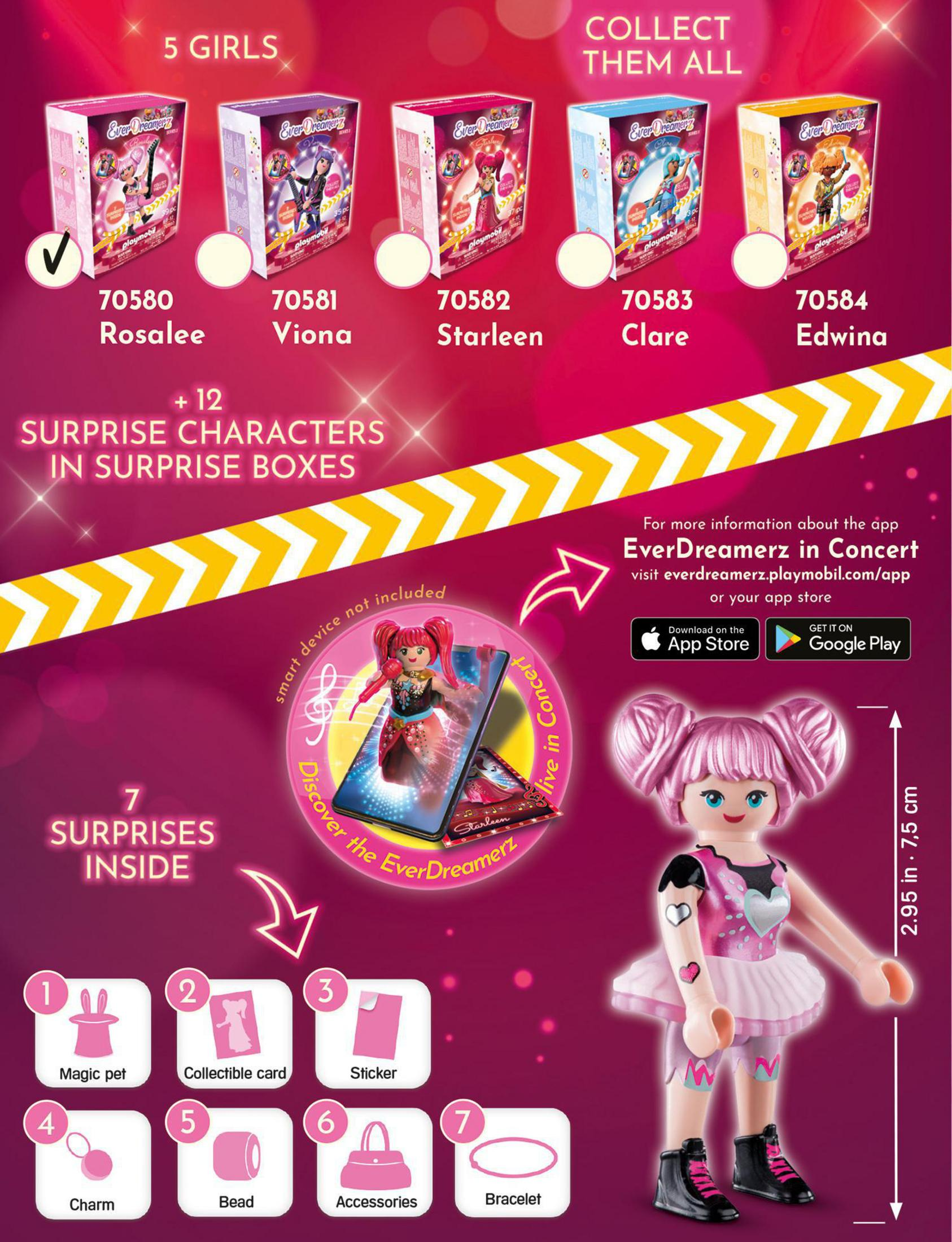 Playmobil EverDreamerz box set with five boxes, a doll, and various surprise items on a promotional background.