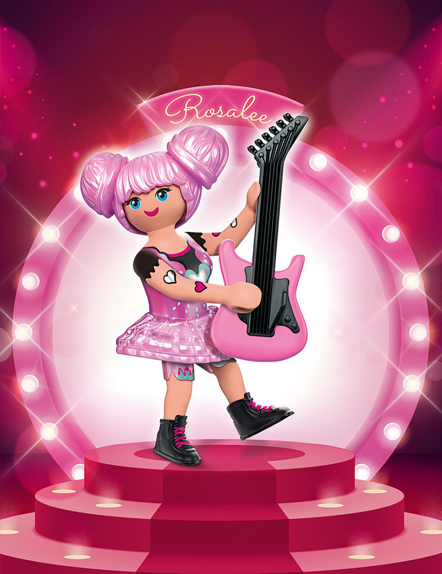 A girl figure with pink hair and a guitar on a stage.