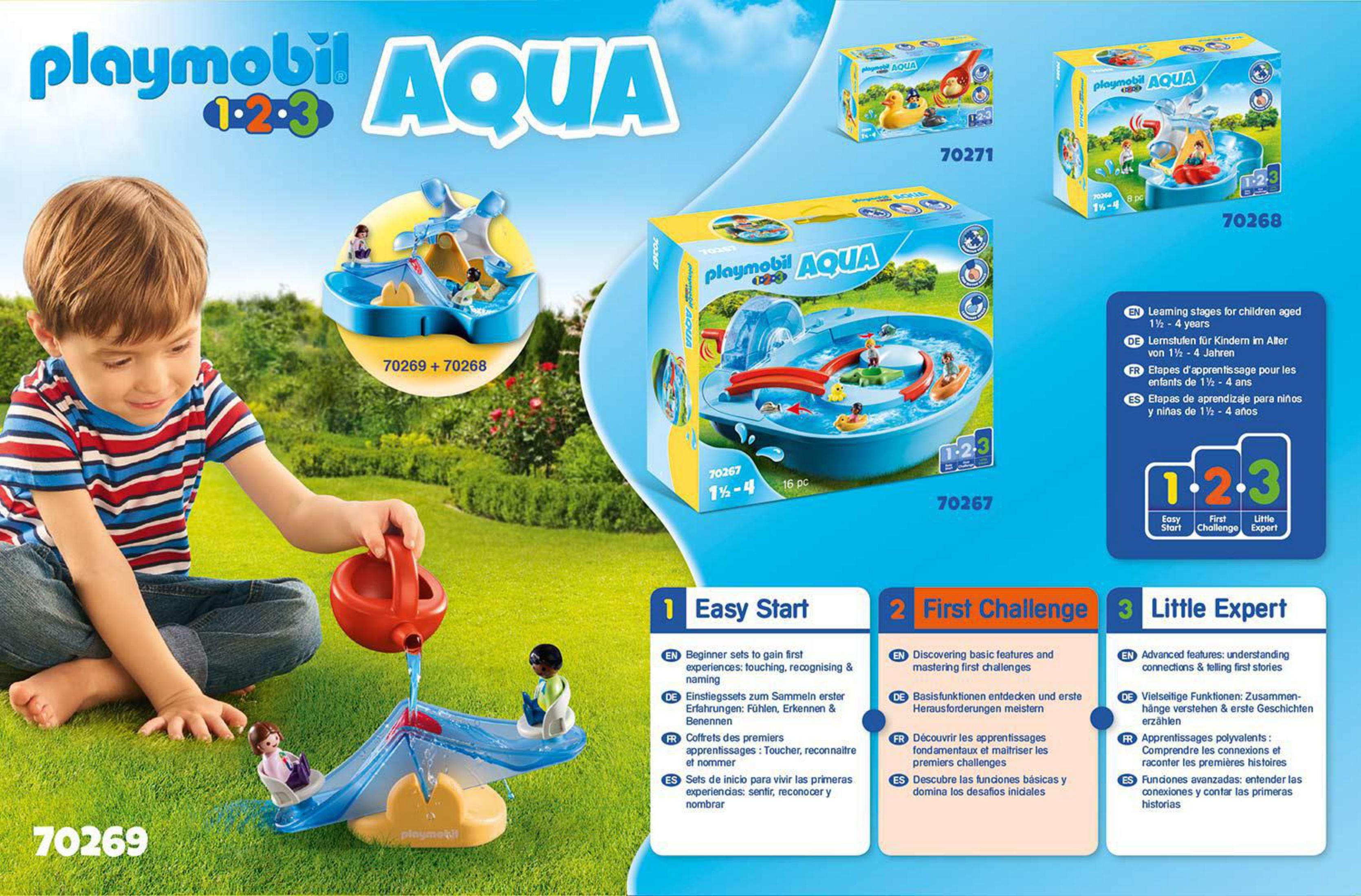 Ein Kind spielt mit einem Playmobil Aqua Wasserpark-Set, mit Kartons und Zubehör.