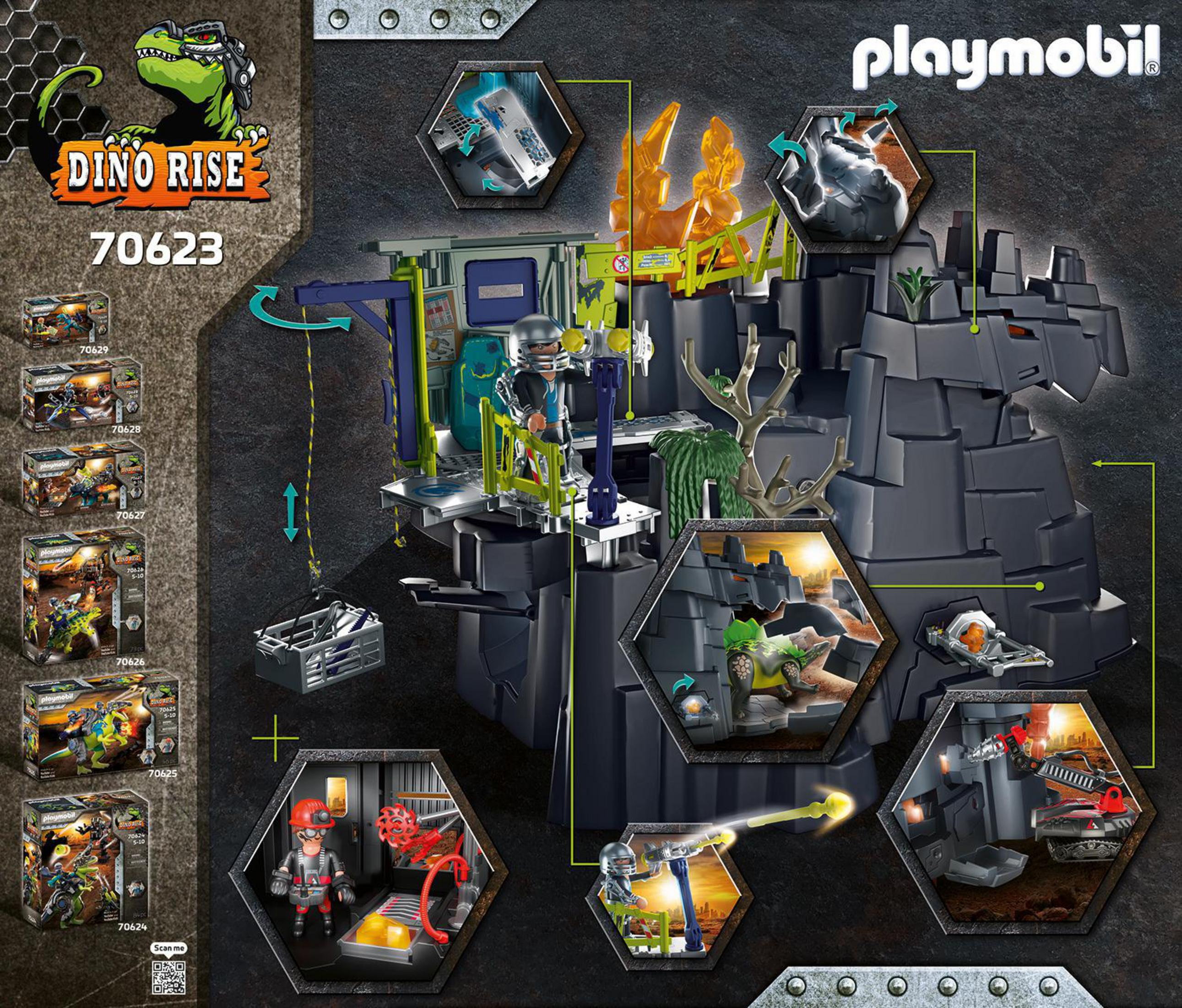 Playmobil Dino Rise Set. Enthält ein Dinosaurier-Spielset mit mehreren Figuren und Zubehör in einer Höhlenumgebung.