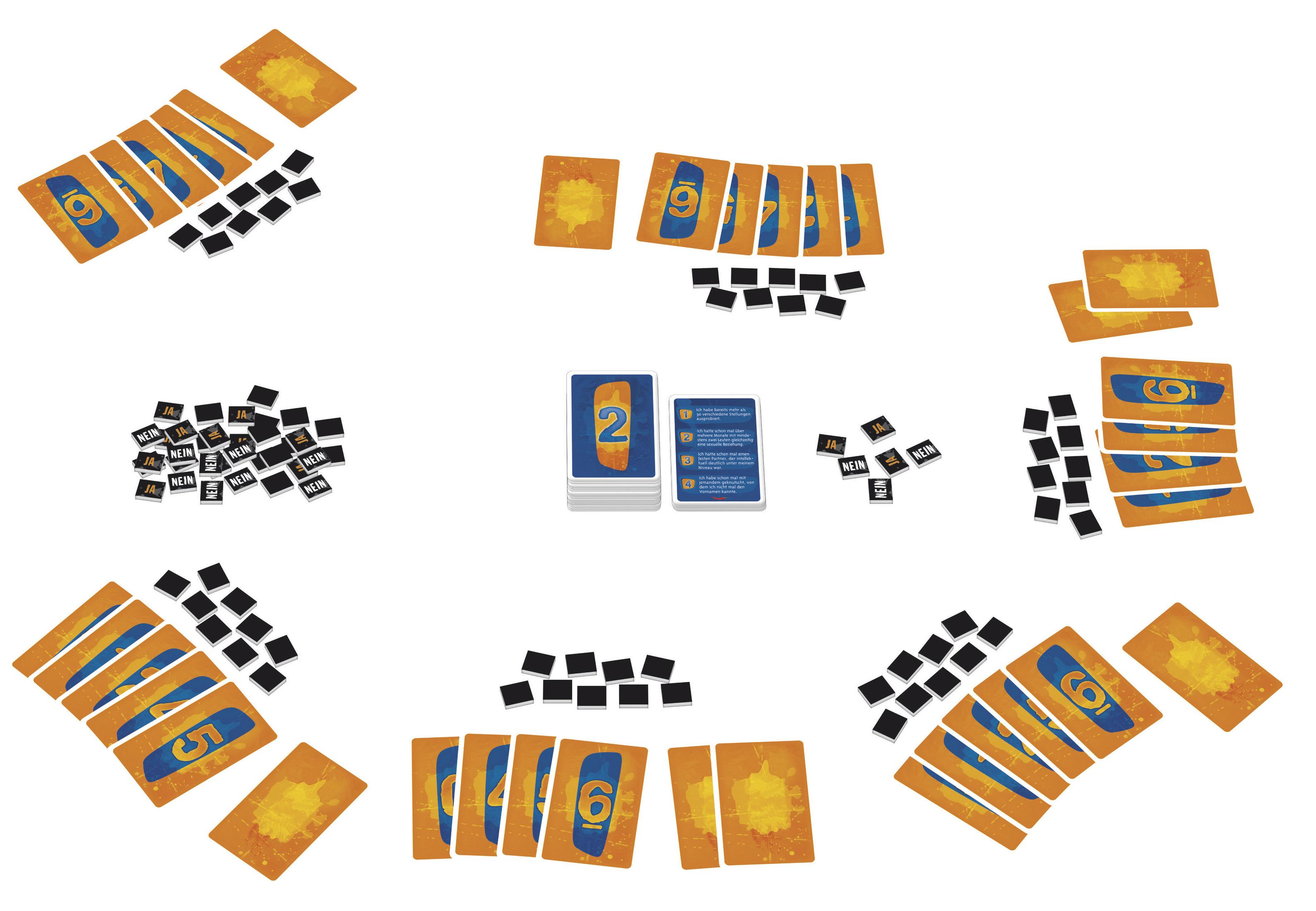 Ein Brettspiel mit Karten, die über die Oberfläche verstreut sind. Karten sind blau mit gelben Punkten und schwarzen Quadraten.