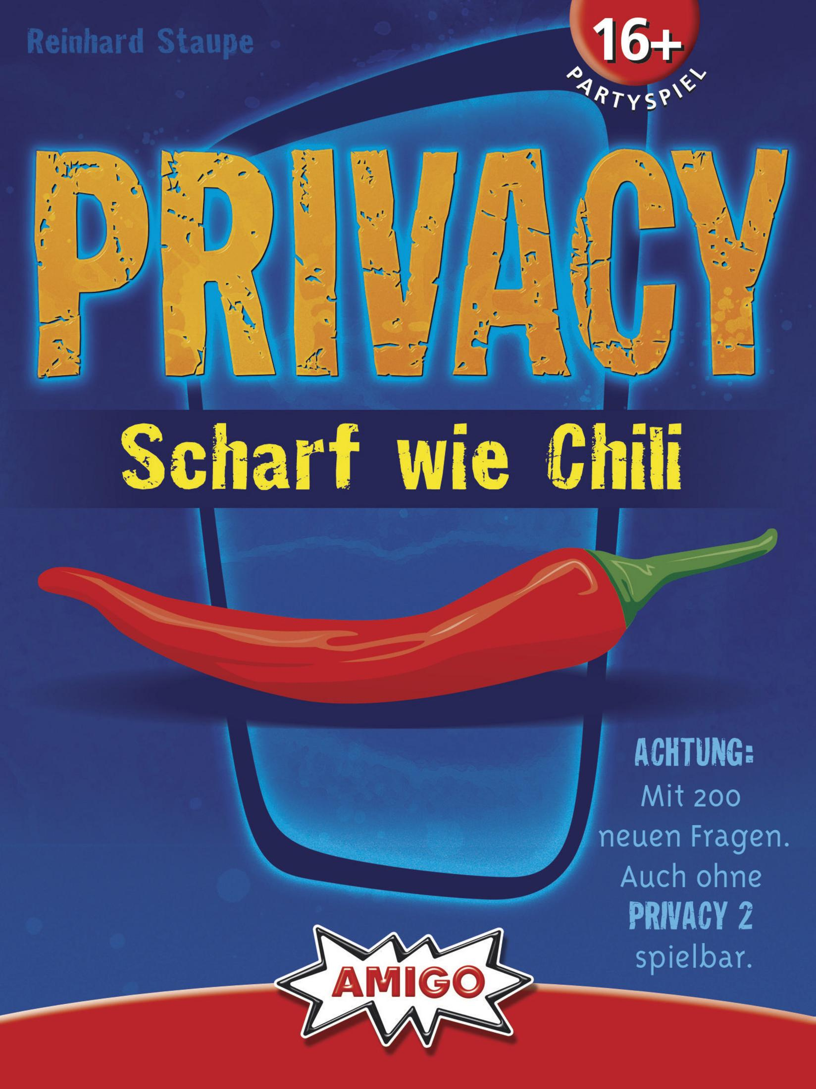 Spielbox mit roter Chili und blauem Glas, mit Text auf Deutsch, wirbt für ein Partyspiel.