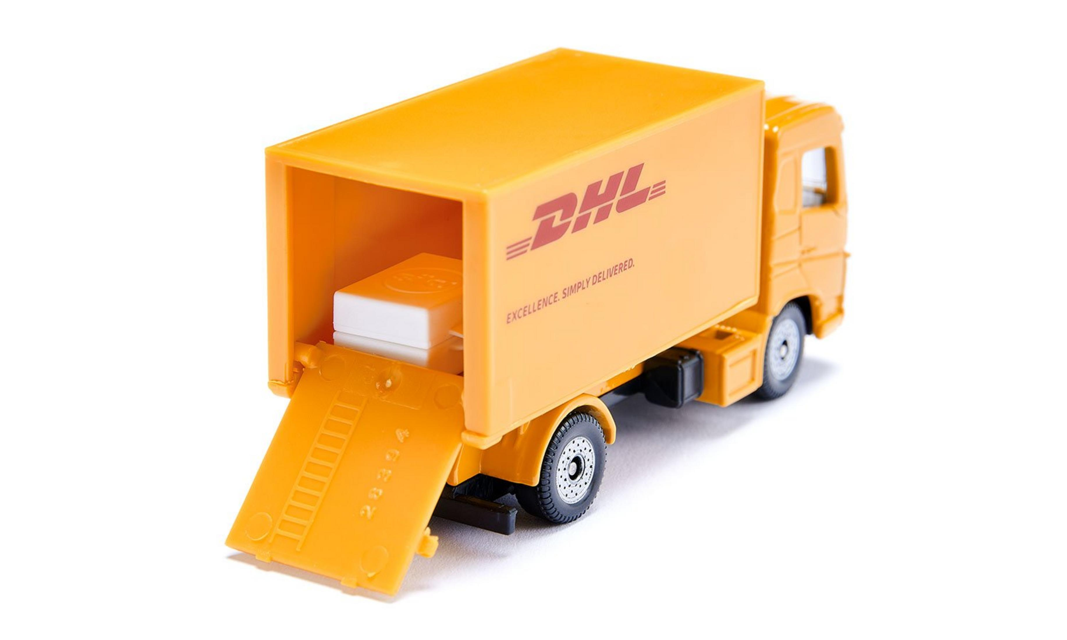 Gelber DHL-LKW mit offener Rückseite, zeigt weiße Box, weißer Hintergrund.