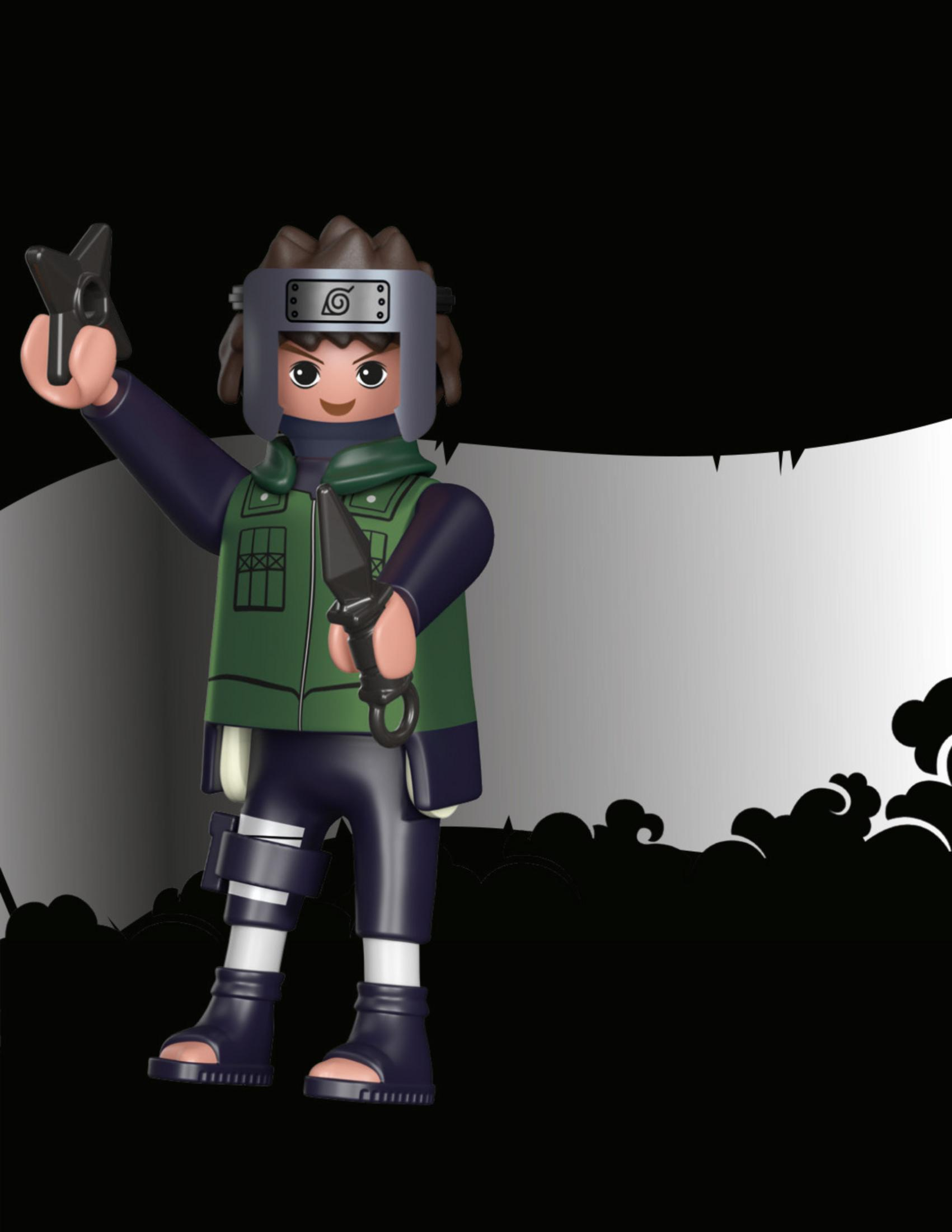 Eine Playmobil Naruto-Figur, die Waffen hält, vor einem schwarz-weißen Hintergrund.