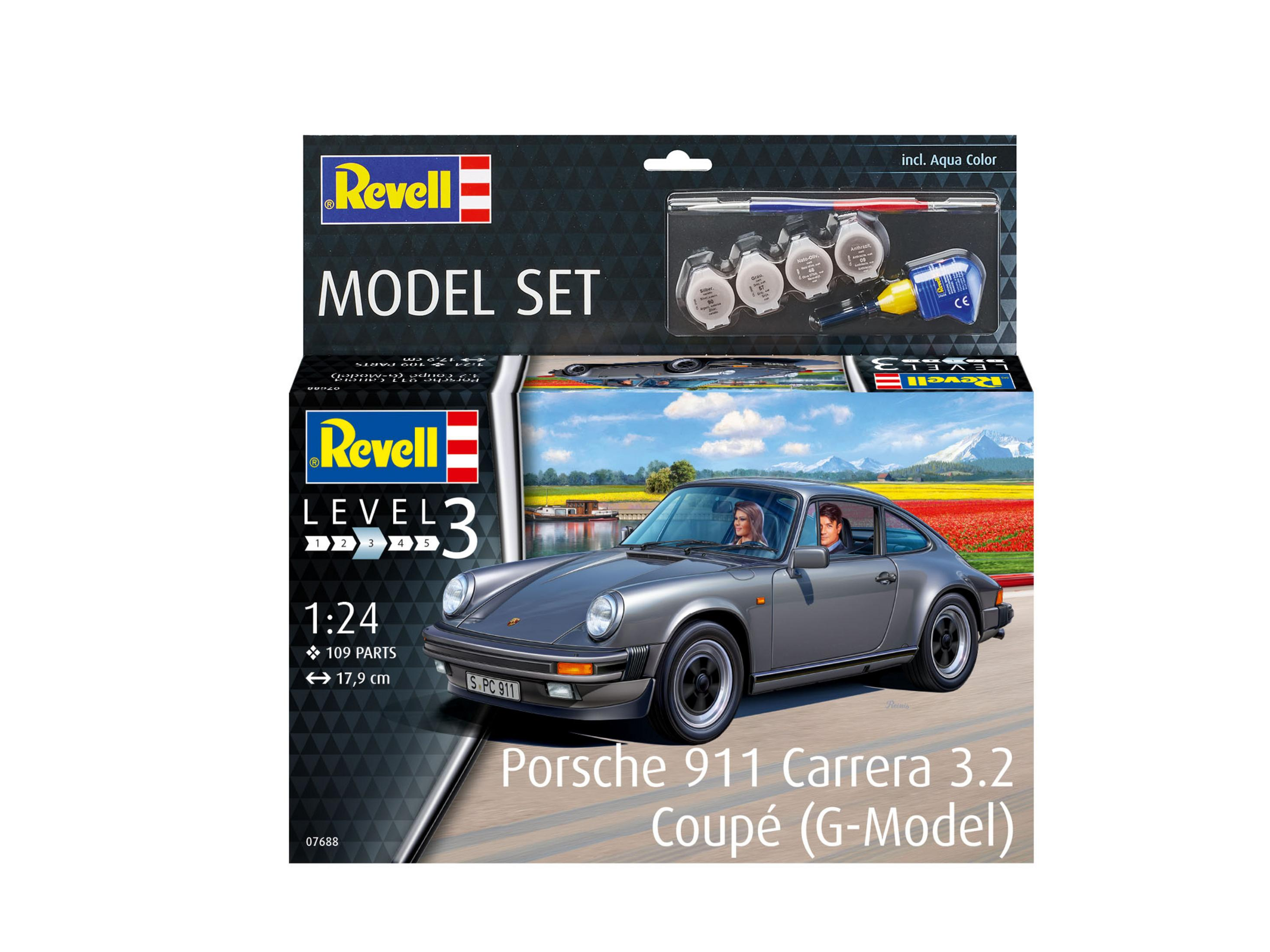 Modellauto-Bausatz. Graues Porsche 911-Auto, Text 'Model Set', 'Level 3' und Modelldetails.