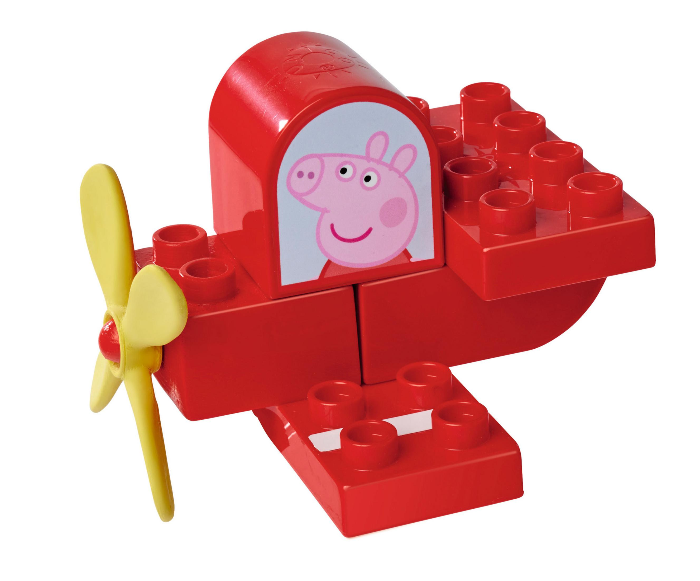 Rotes Lego-Flugzeug mit Peppa Wutz im Cockpit, gelbem Propeller und weißer Basis.
