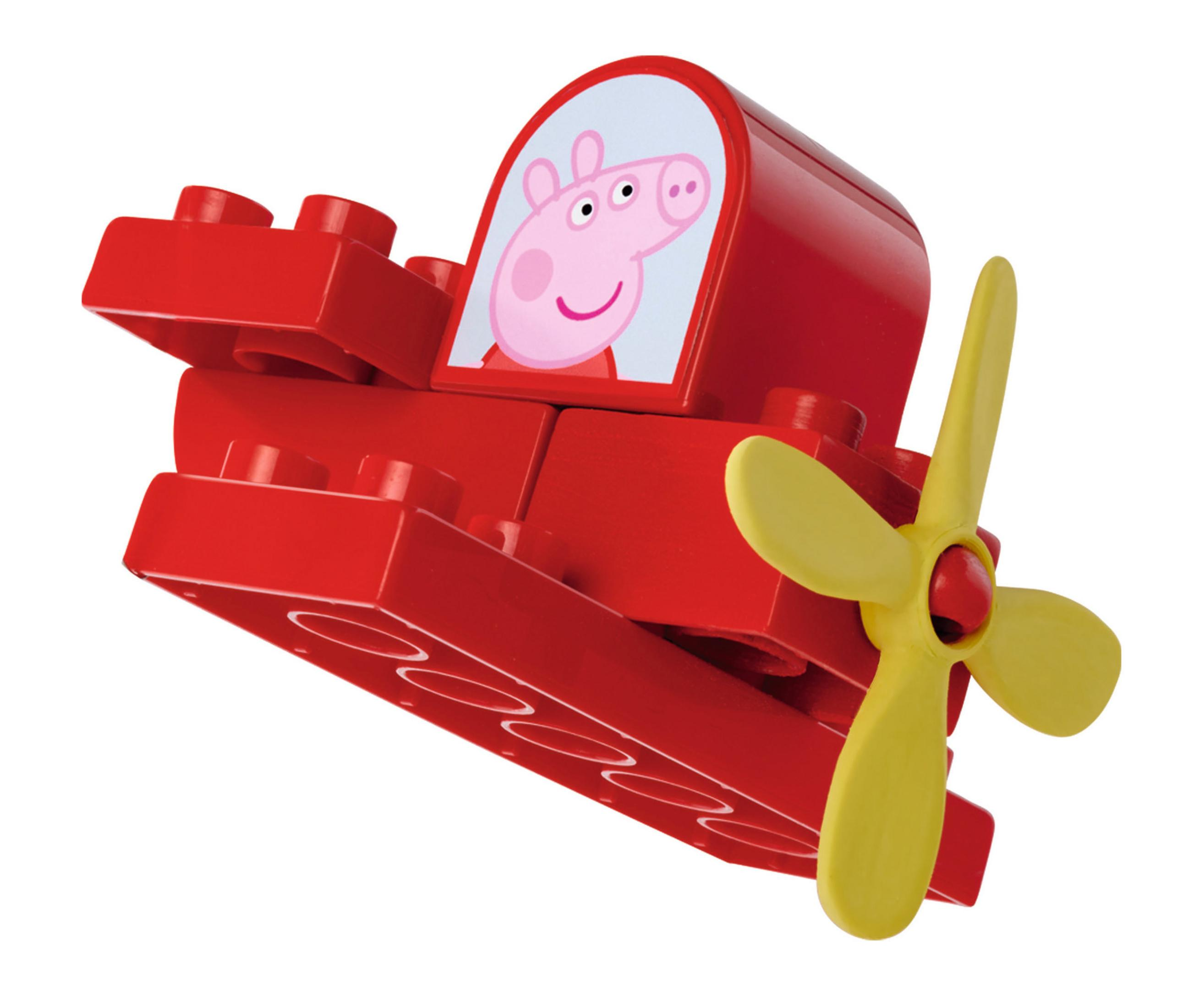 Ein rotes Spielzeugflugzeug mit einem Peppa Wutz-Bild. Das Flugzeug hat einen gelben Propeller.