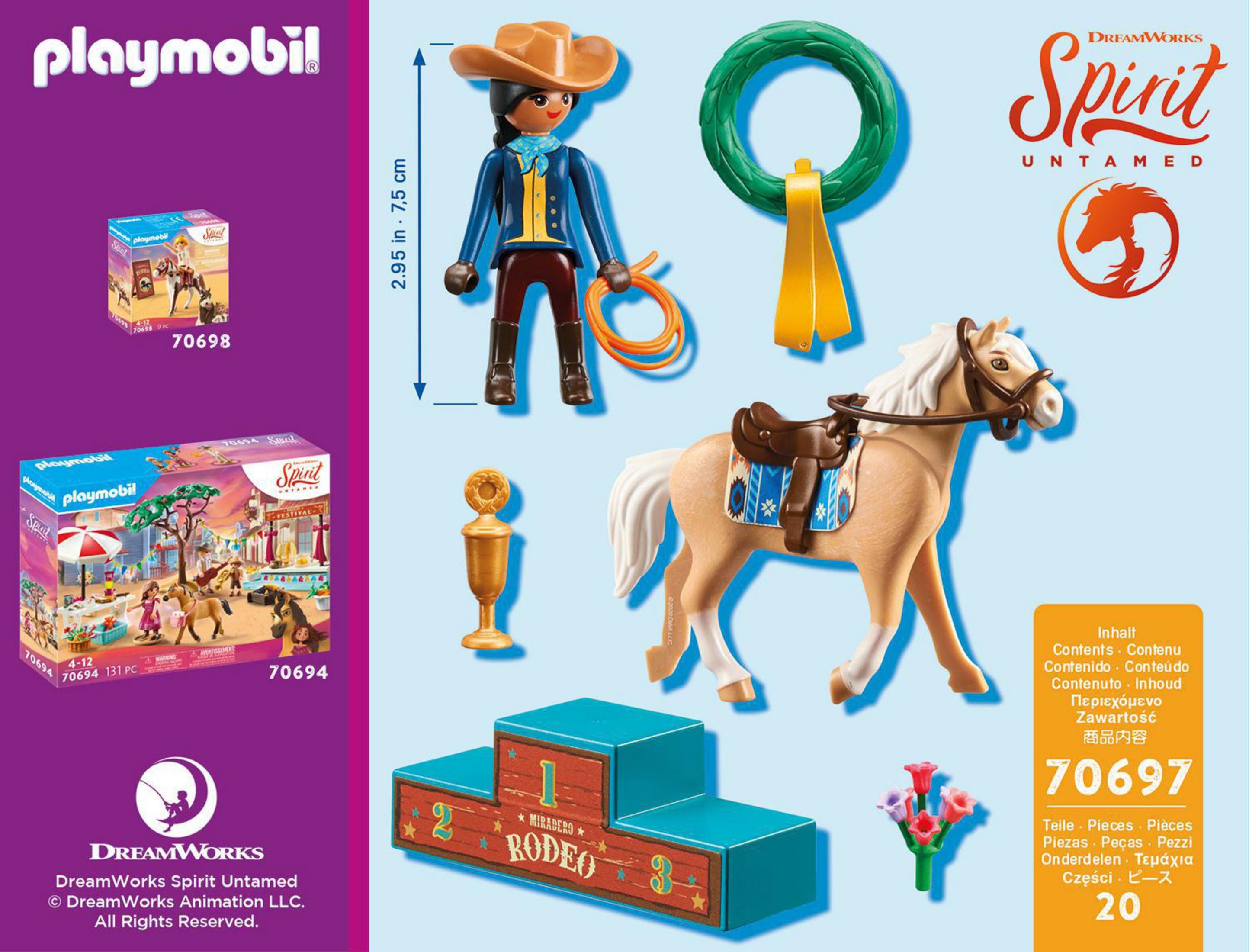Playmobil Spirit Untamed Set. Enthält ein Pferd, ein Cowgirl mit Lasso, eine Trophäe, ein Podium und Blumen.