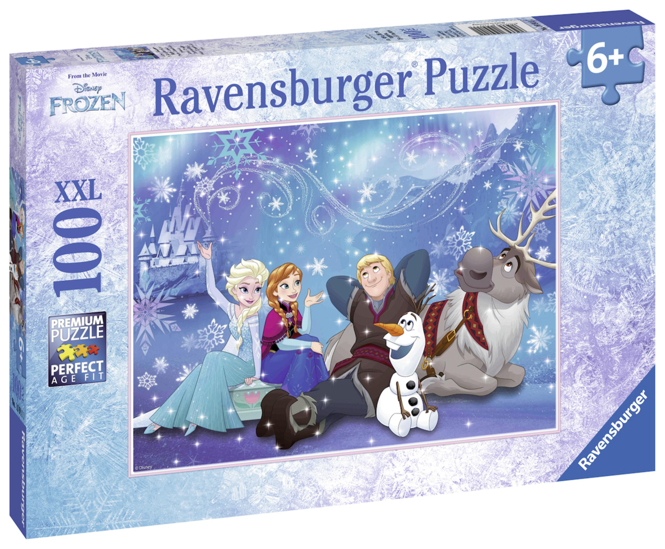 Pudełko z puzzlami Frozen przedstawia postacie Elsy, Anny, Kristoffa, Olafa i Svena w zaśnieżonym krajobrazie.