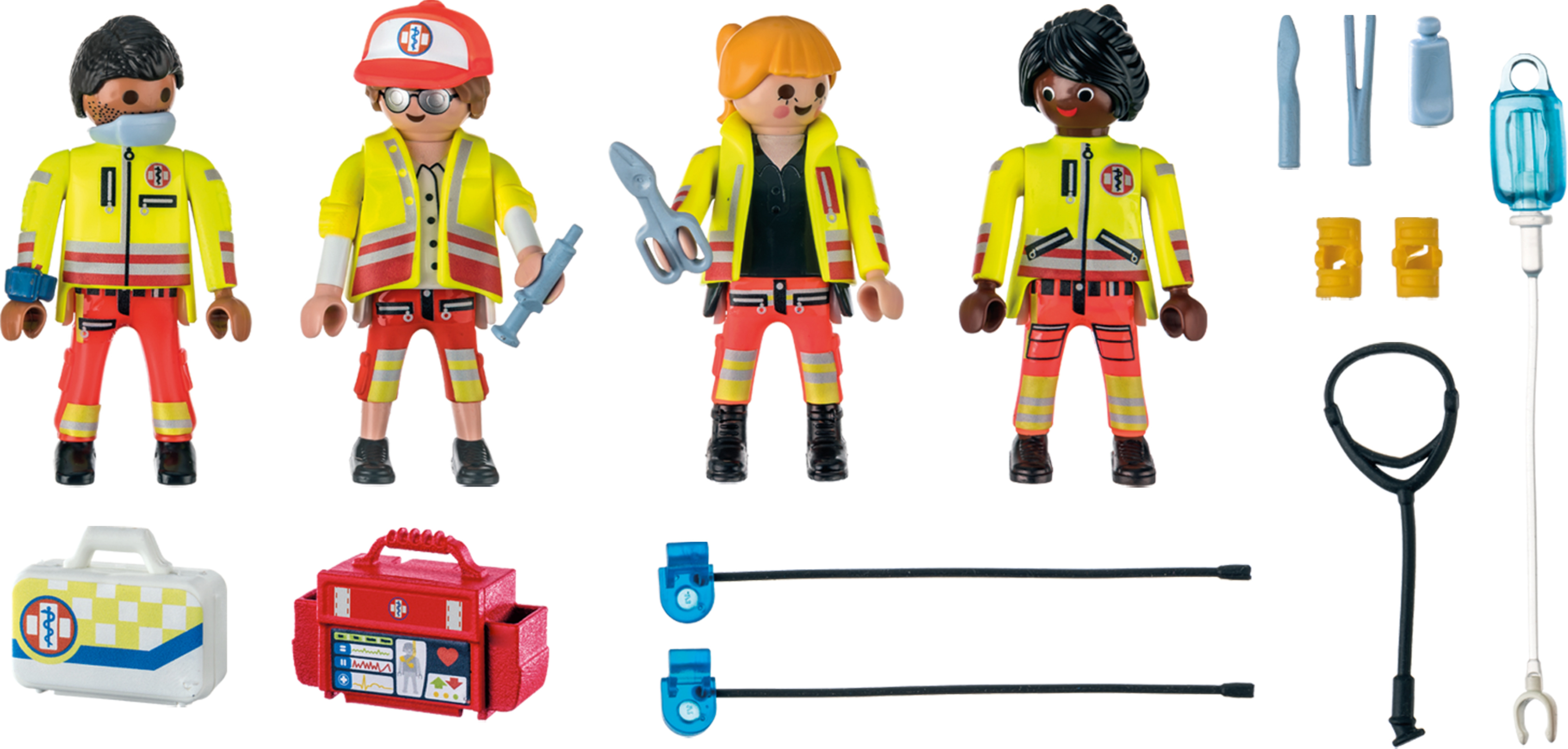 Zestaw Playmobil ratowników medycznych z figurkami i akcesoriami. Zawiera figurki, narzędzia medyczne i apteczkę.