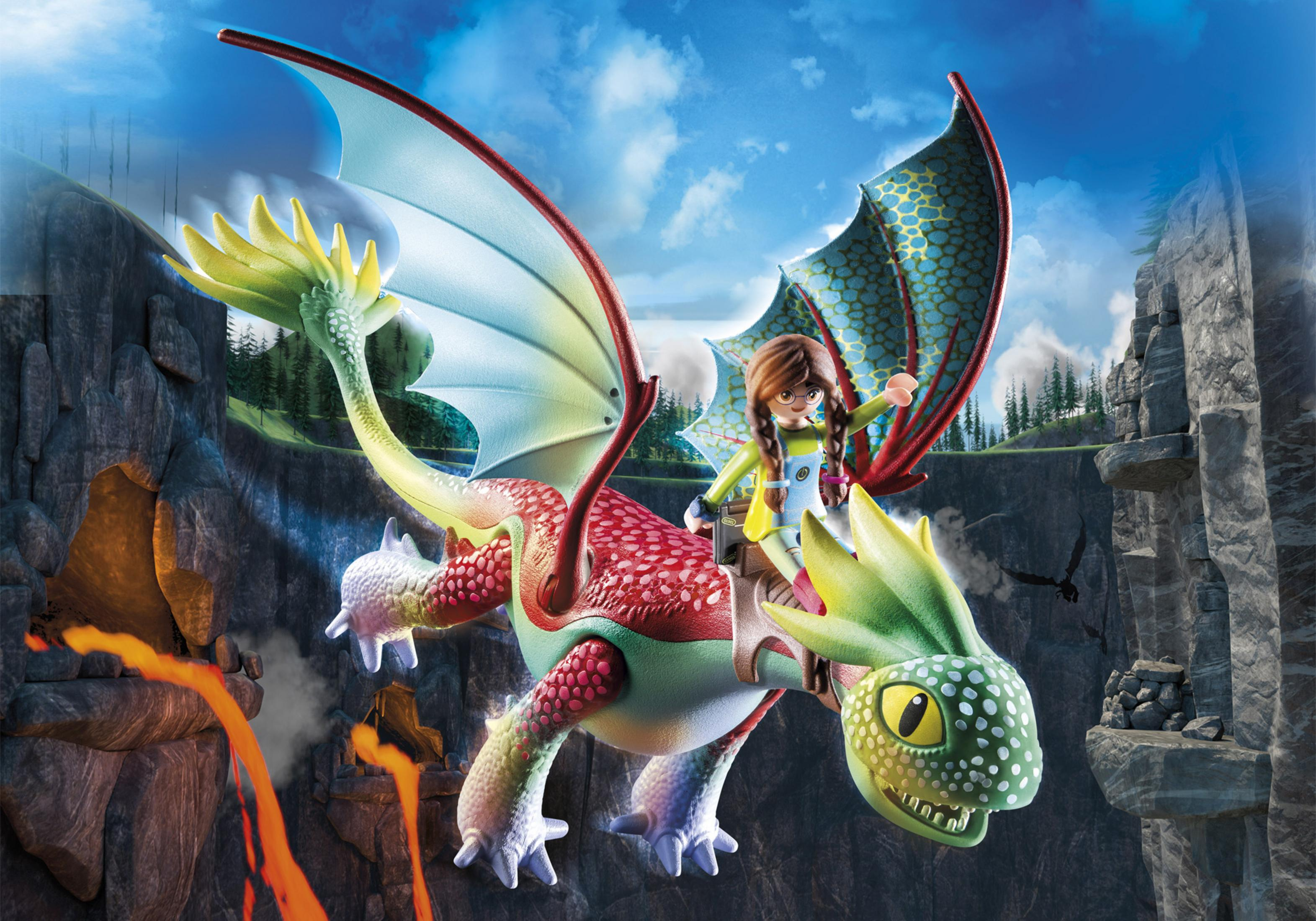 Ein Spielzeugdrache mit einem Mädchen, das darauf reitet, fliegt über einen Canyon mit Lava und Felsen.