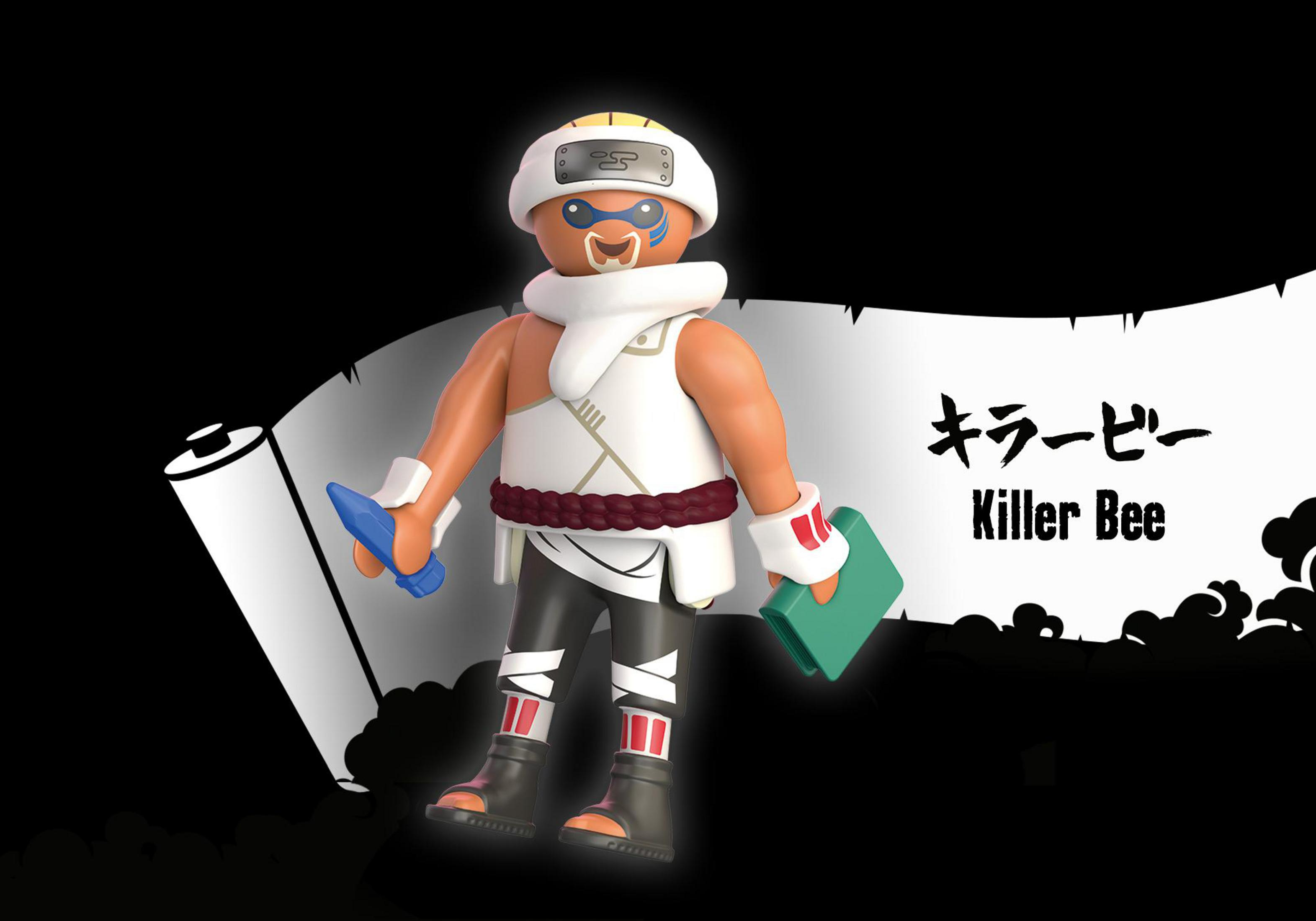 Eine Playmobil-Figur von Killer Bee in Kampfpose mit Waffen.