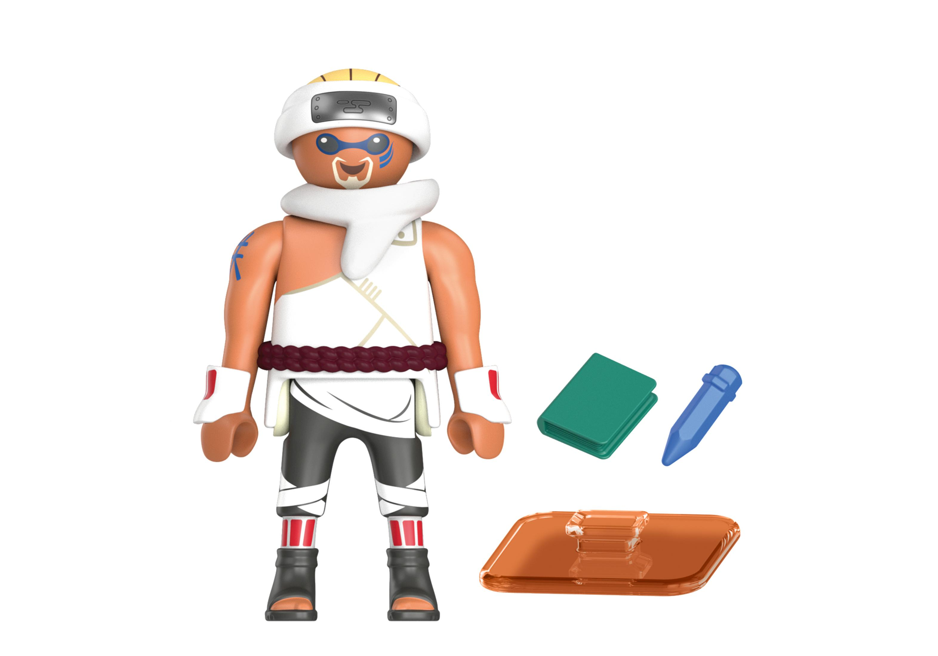 Playmobil-Figur eines Charakters in weißem und braunem Kostüm mit Zubehör wie Büchern und einem Bleistift.