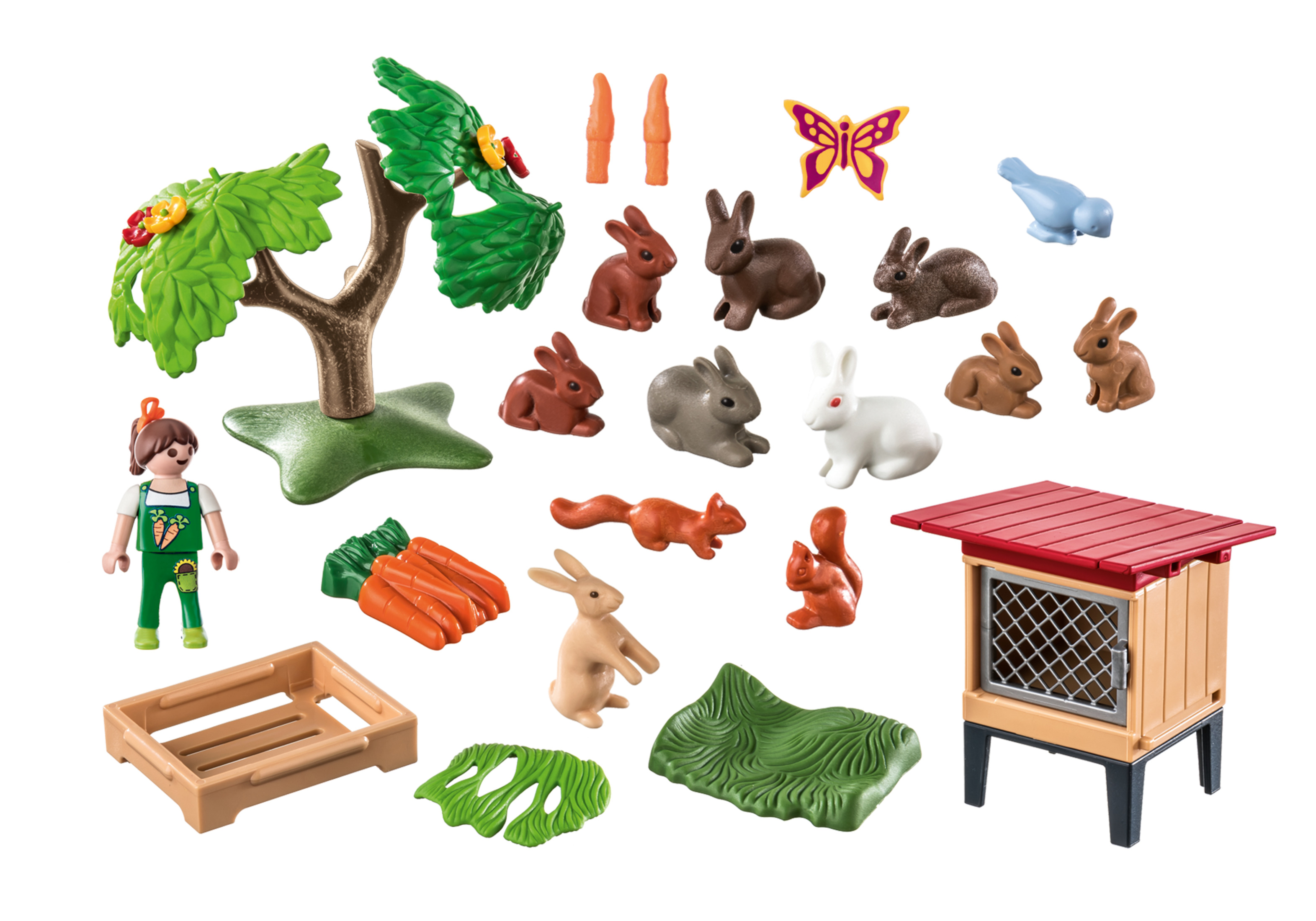 Spielzeugset mit Kaninchen, einem Bauern, Karotten, einem Baum, einer Hütte, einem Schmetterling und einem Eichhörnchen.