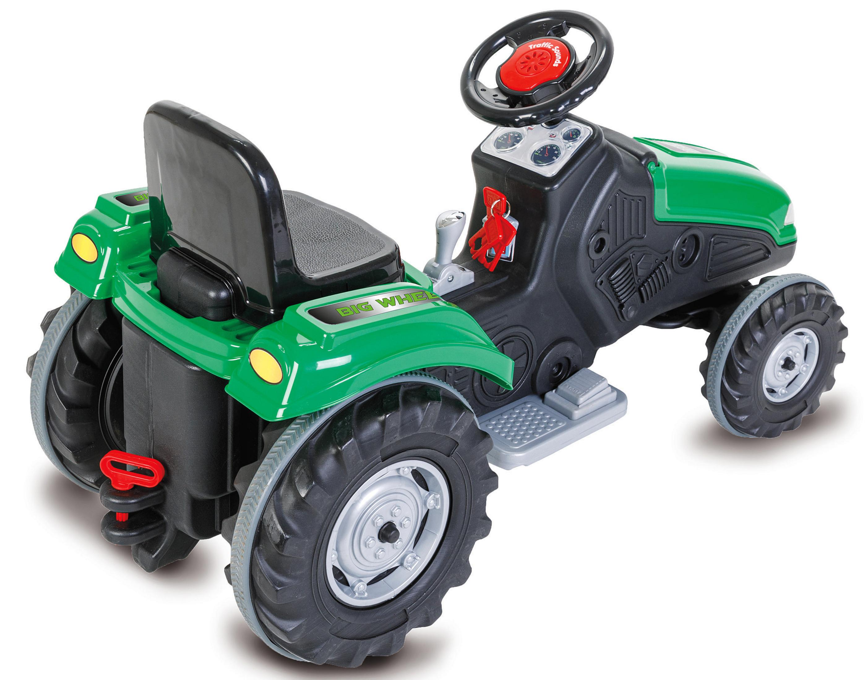 Grünes Kindertraktor-Spielzeug mit schwarzem Sitz und Lenkrad.