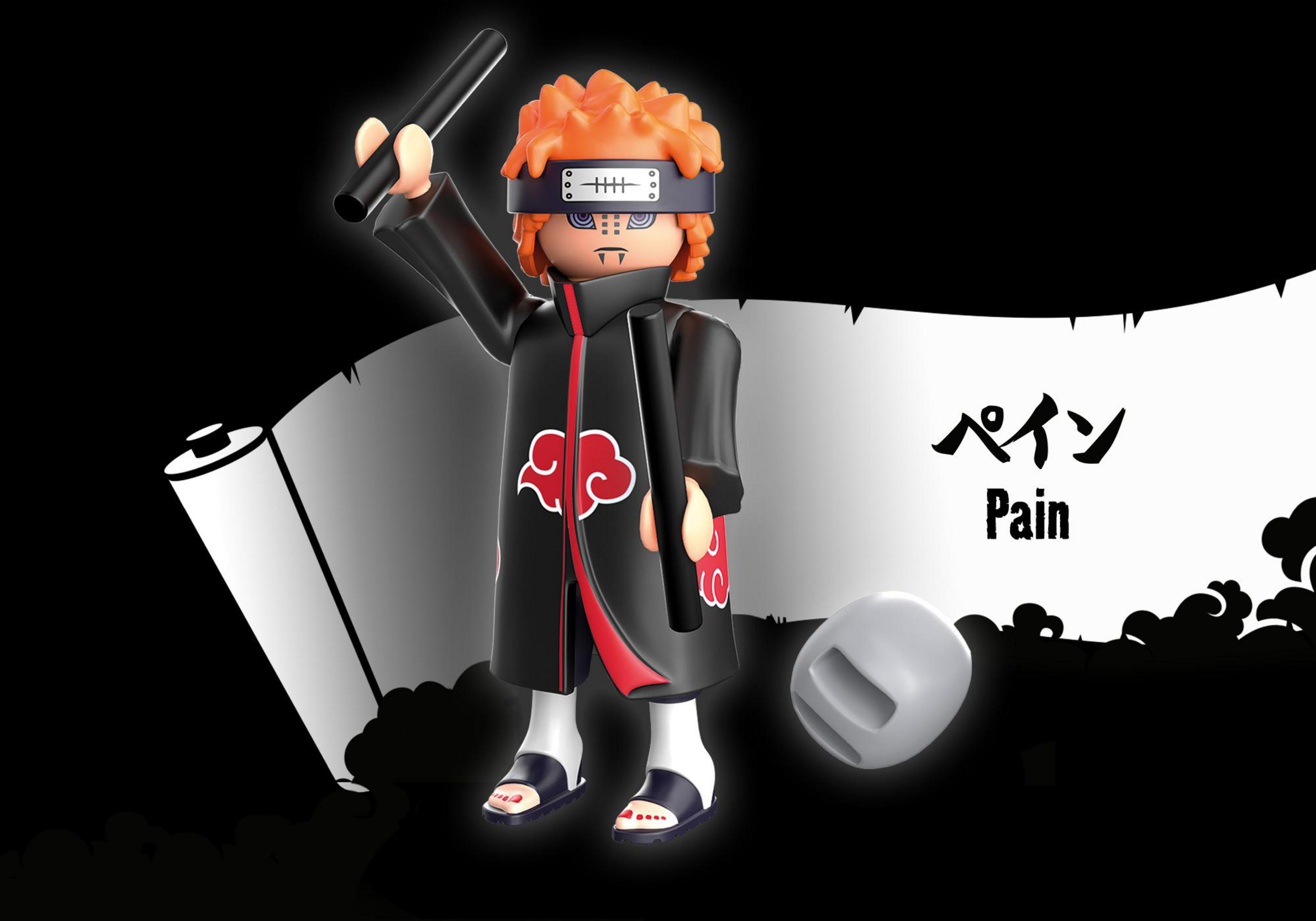 Playmobil-Figur von Pain aus Naruto. Schwarzes Outfit, orangefarbene Haare, hält Stab, mit Stein.