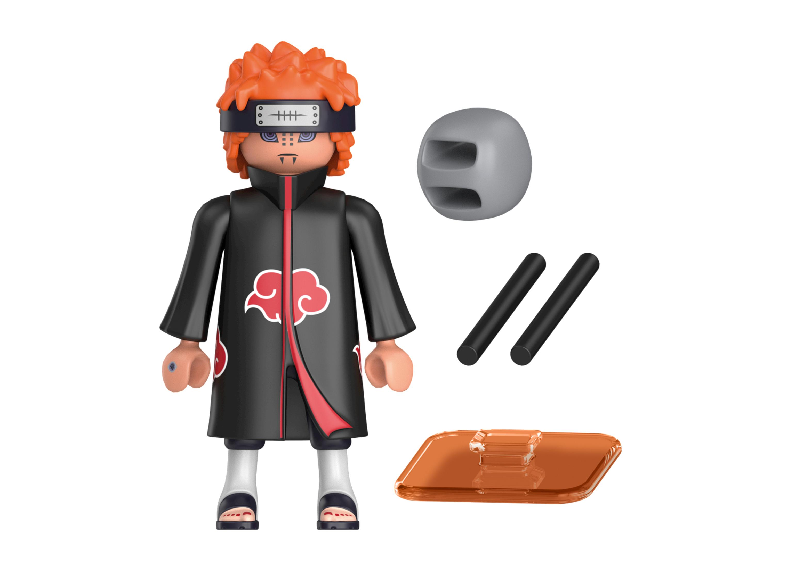 Naruto-Charakter-Spielzeug mit Zubehör. Enthält eine Figur, einen Kopf, zwei Stäbe und einen Ständer.