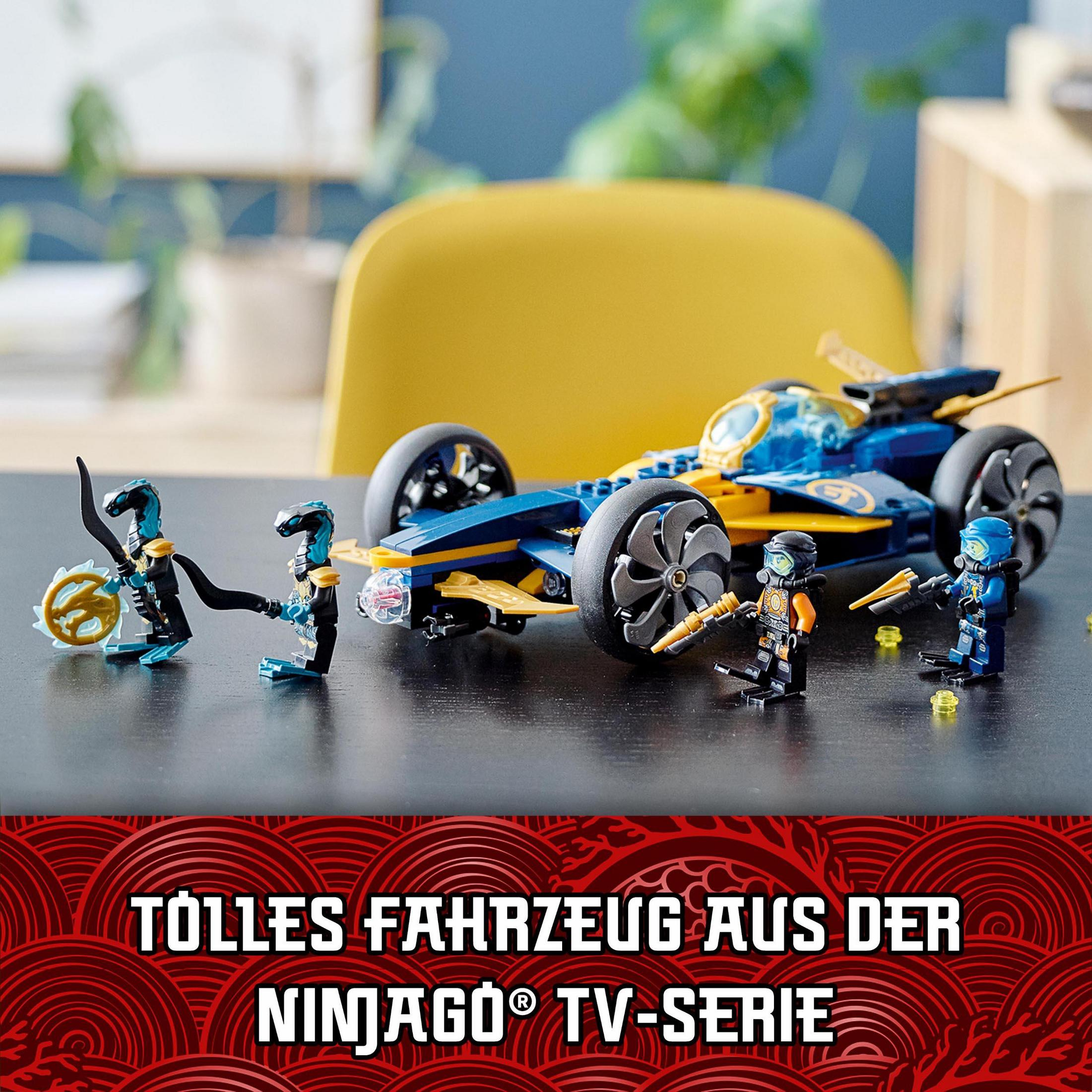 Une voiture de course Lego Ninjago avec des figurines. Texte : « Super véhicule de la série télévisée Ninjago ».