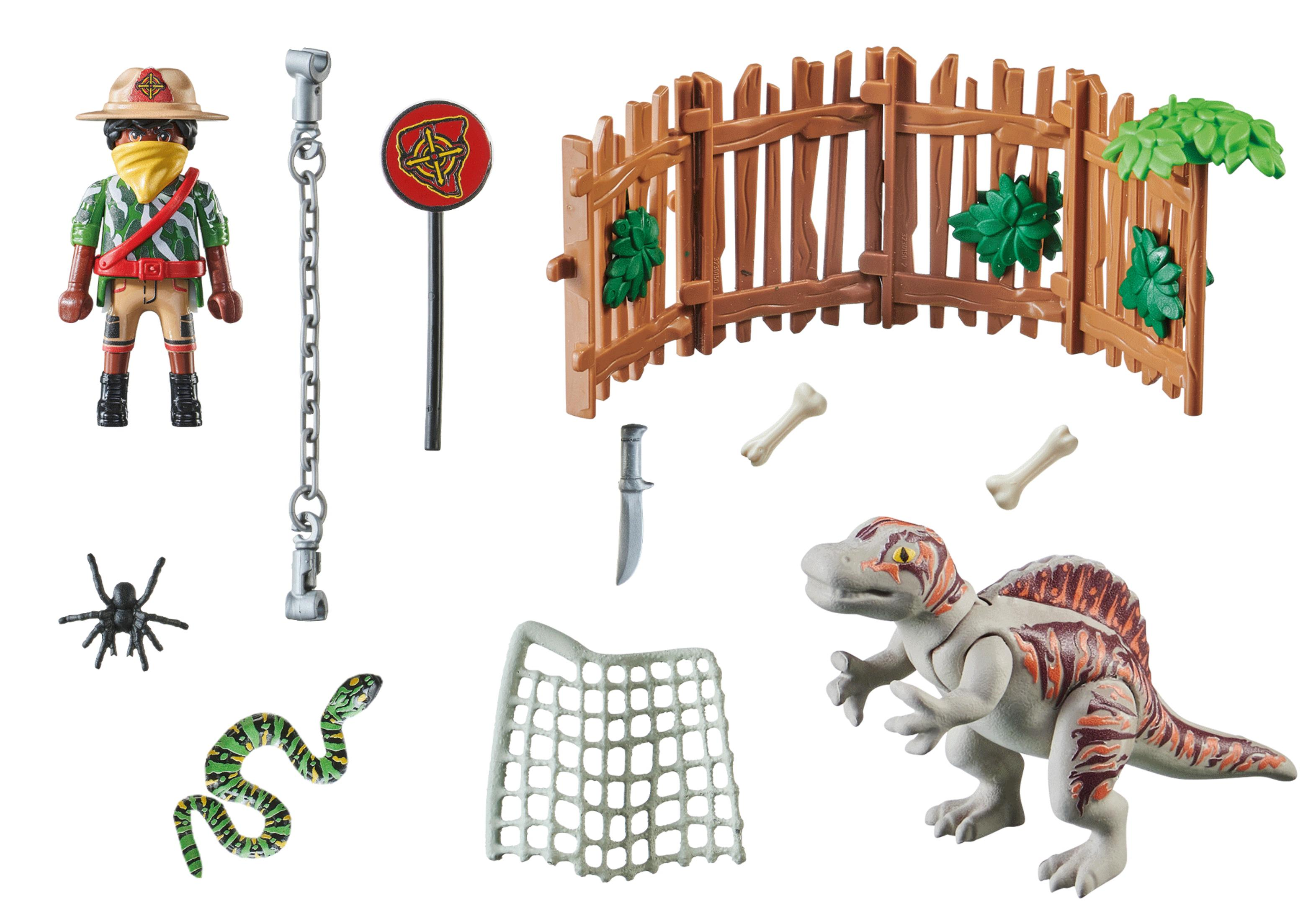 Playmobil-Set mit Ranger, Zaun, Dinosaurier, Schlange, Spinne, Netz und Zubehör.