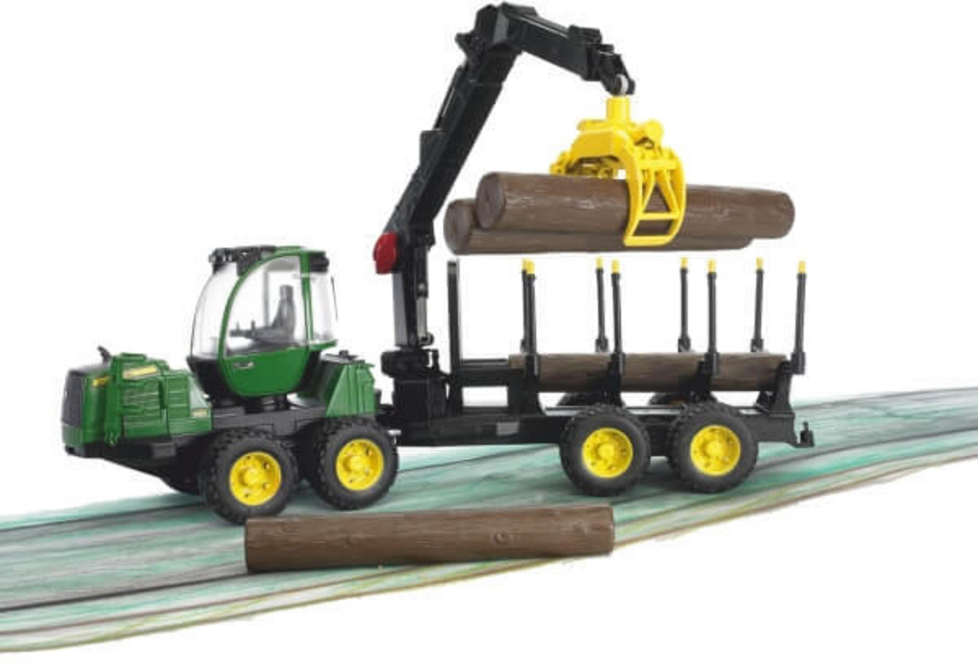 Zabawkowy samochód do wycinki drzew z dźwigiem podnoszącym kłody. Zielony i żółty dominują.