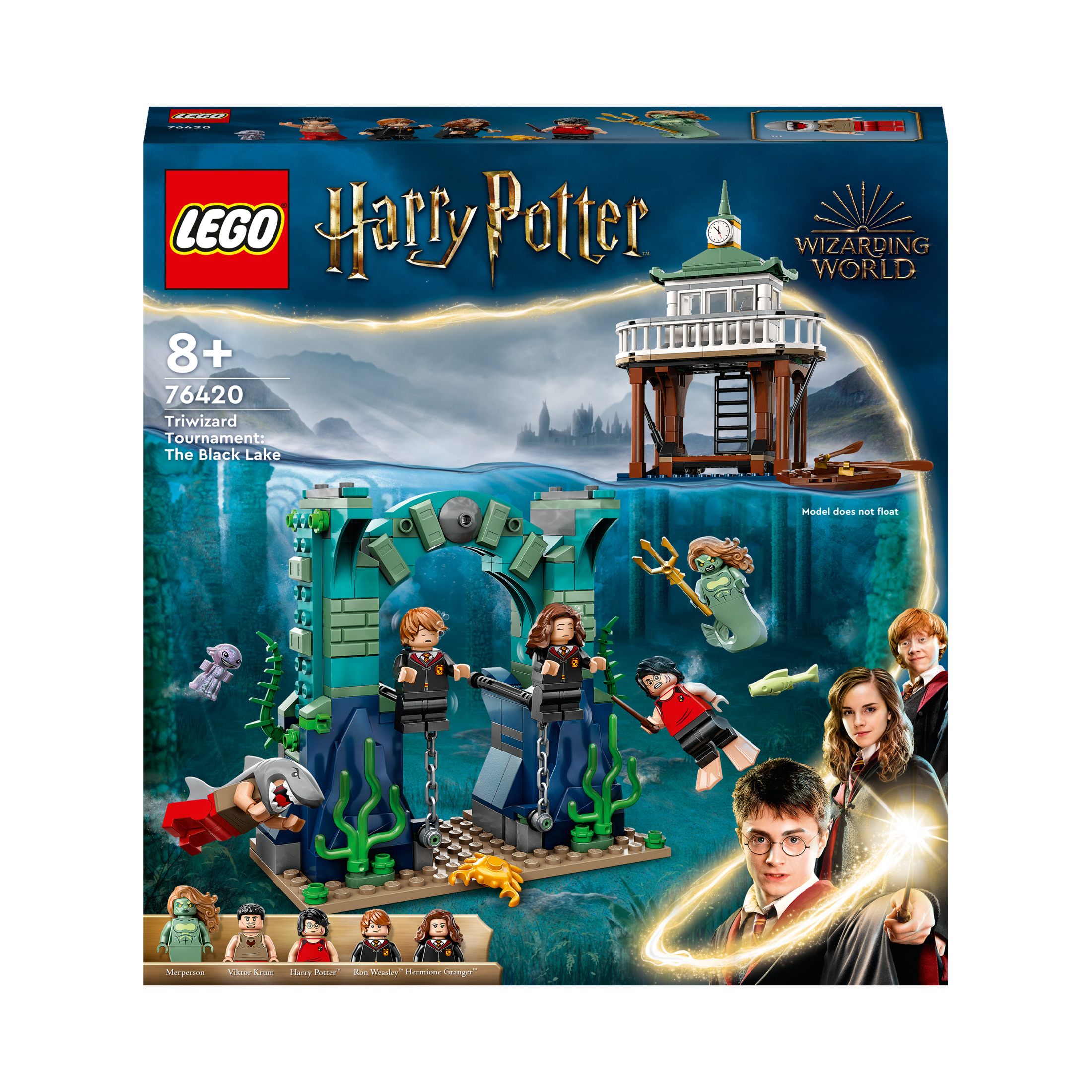 Lego Harry Potter Set-Box. Charaktere unter Wasser, grüner Torbogen, Figuren und ein Gebäude oben.