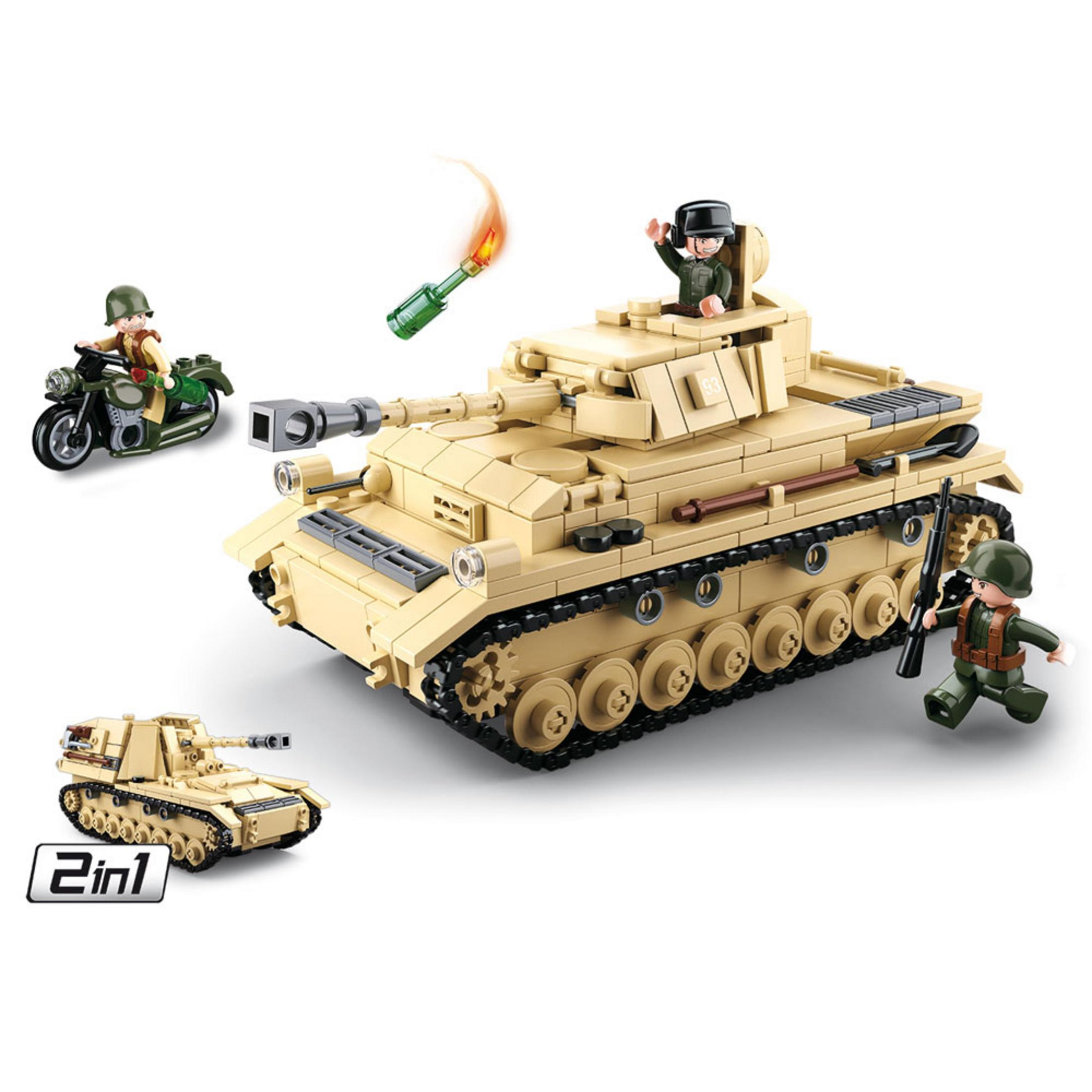 Lego-Spielset mit einem beigefarbenen Panzer, Soldaten und einem Motorrad. Enthält einen Brenneffekt von der Granate.