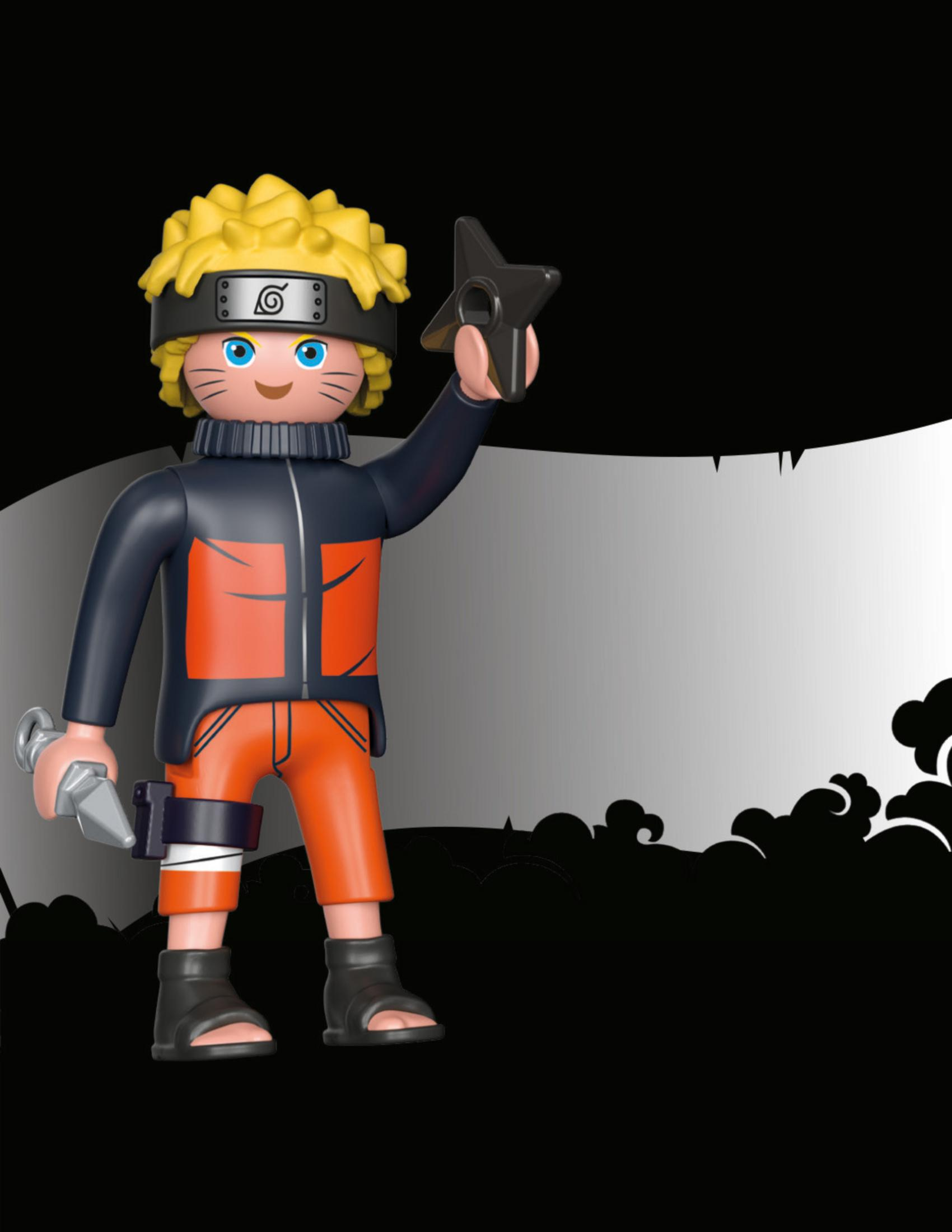 Naruto Playmobil-Figur mit Shuriken vor schwarzem Hintergrund.