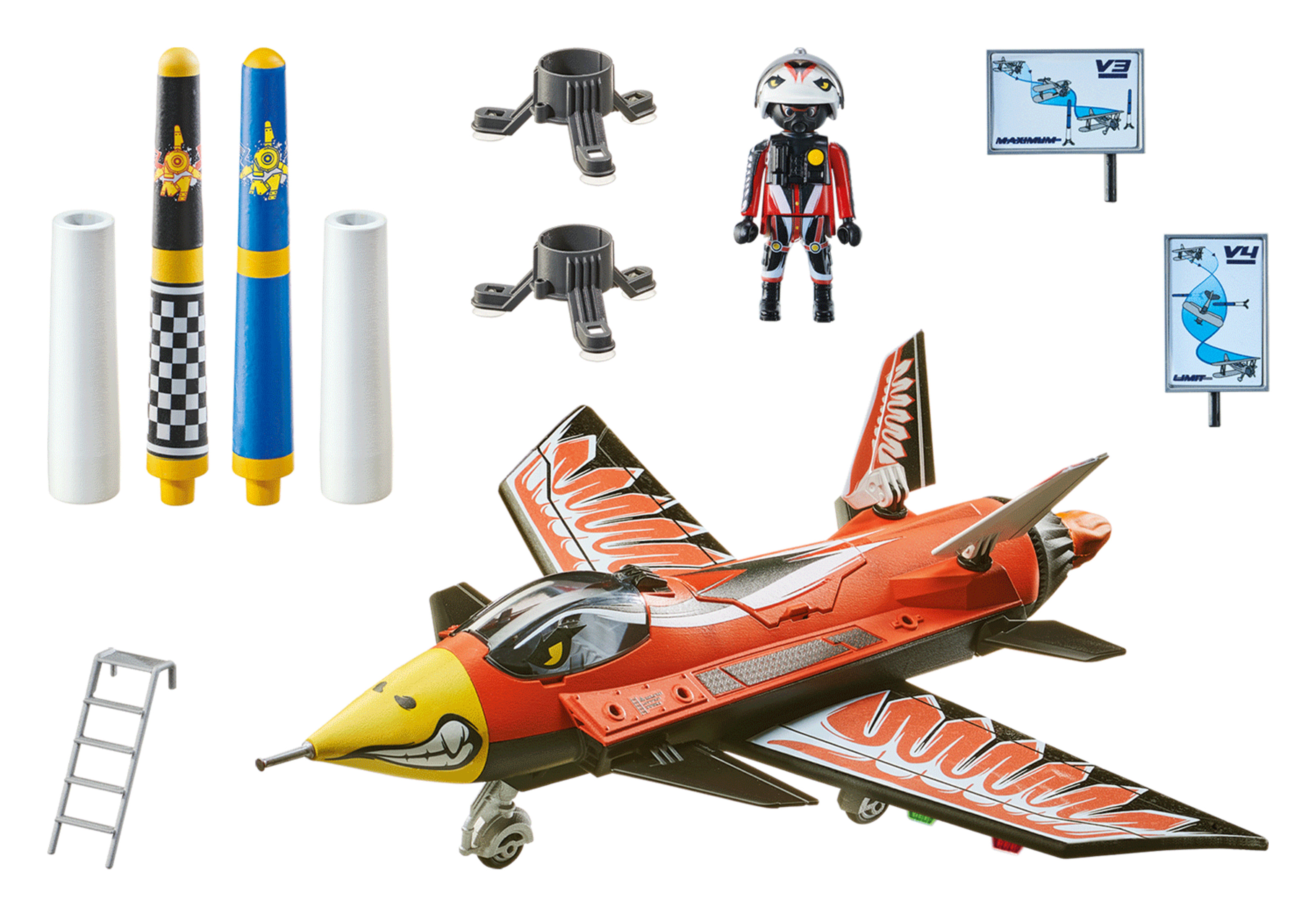 Spielzeug-Jet mit Zubehör, darunter eine Pilotfigur, Schilder und eine Leiter, vor weißem Hintergrund.