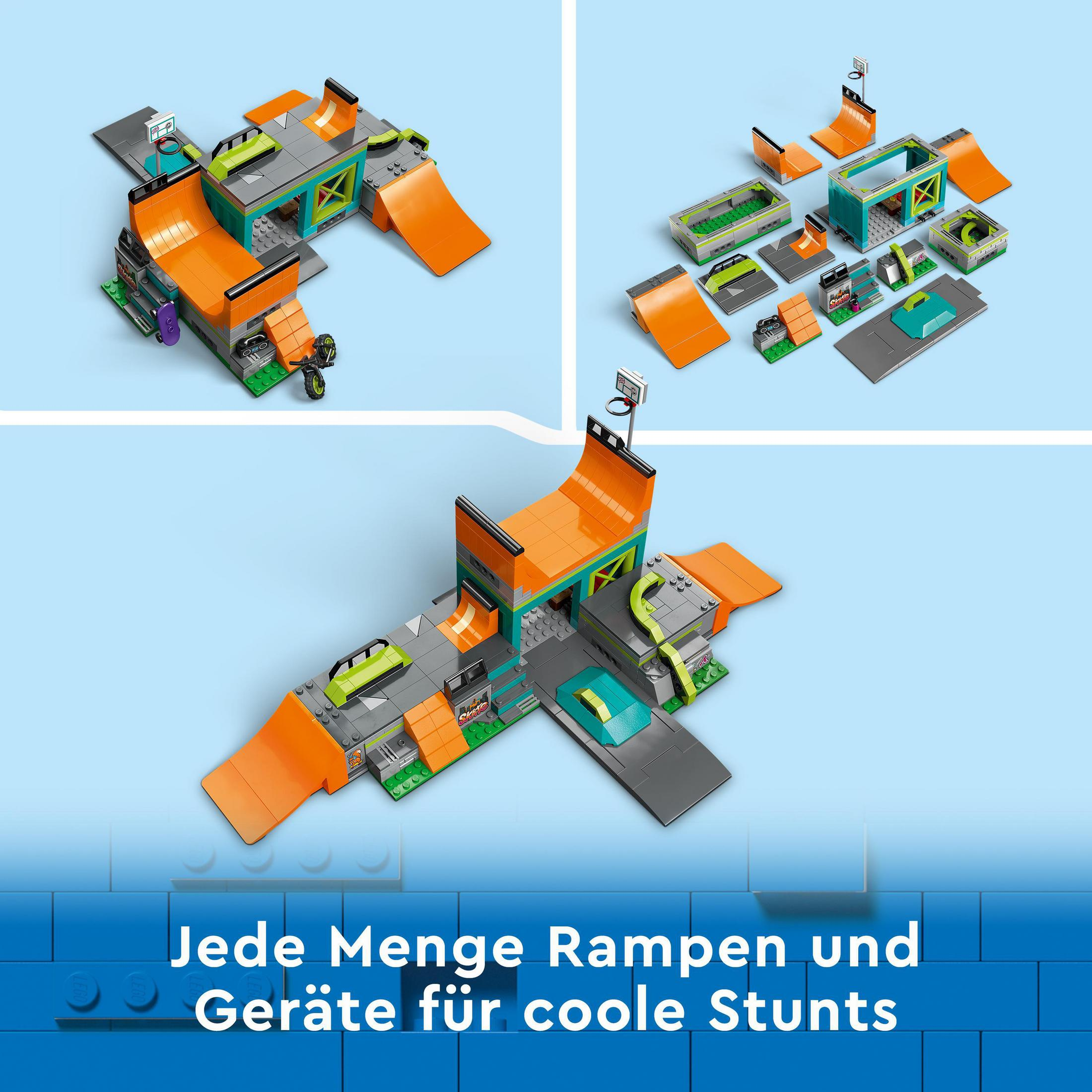 Lego-Set mit Rampen und Strukturen für Stunts. Das Set befindet sich auf einer blauen Oberfläche.