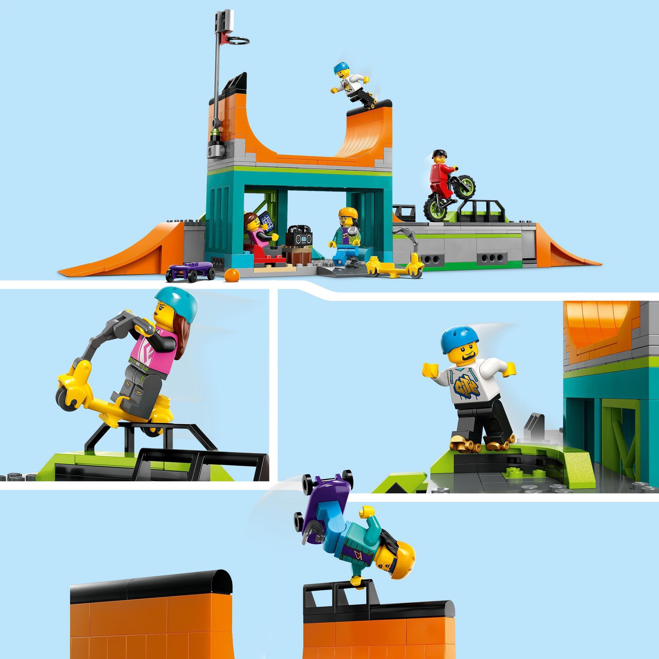 Lego City Skatepark mit Minifiguren. Rampe, Schiene und Figuren beim Skateboarden und BMX.