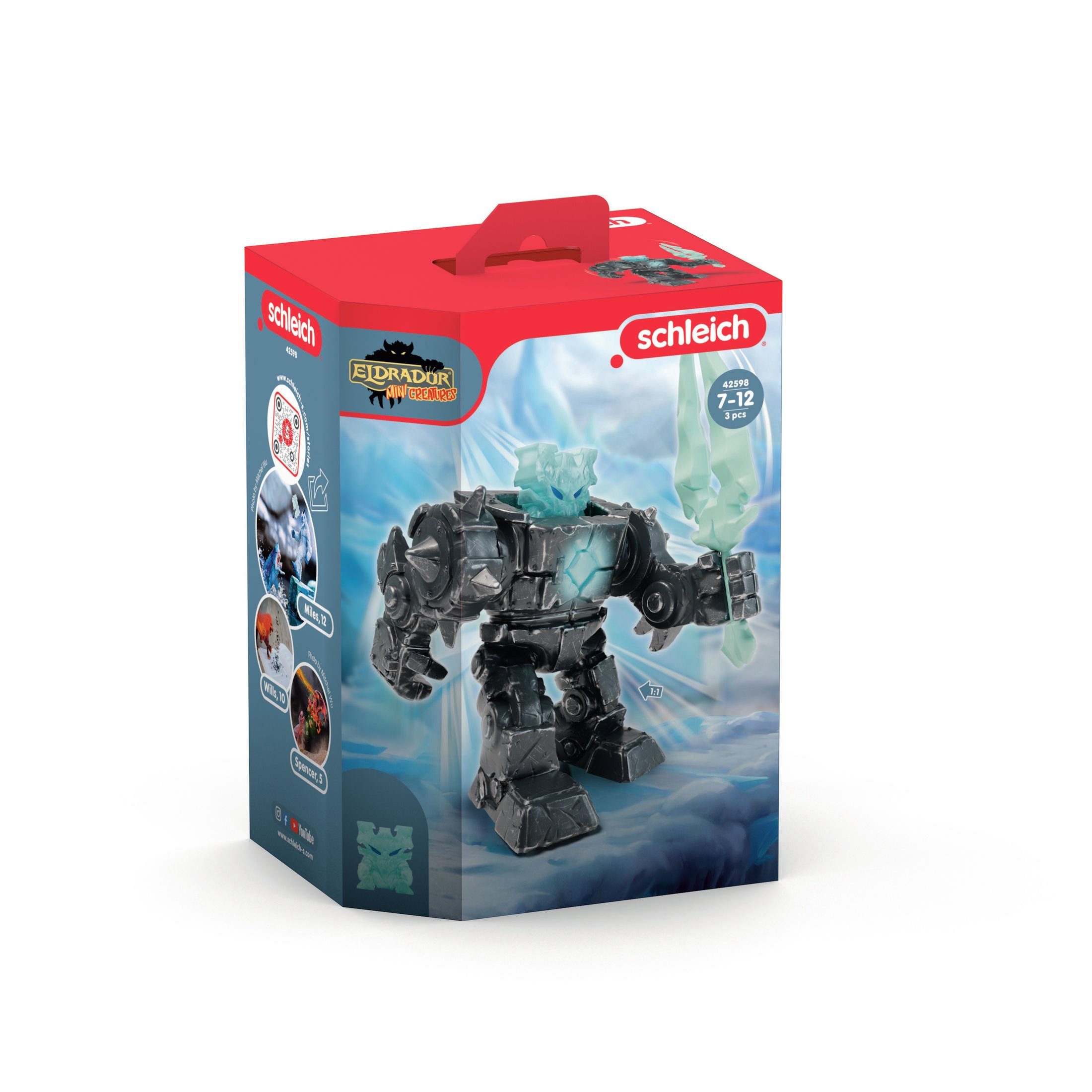 Zabawkowy robot z mieczem, w pudełku. Niebieski, szary i czarny. Białe tło.