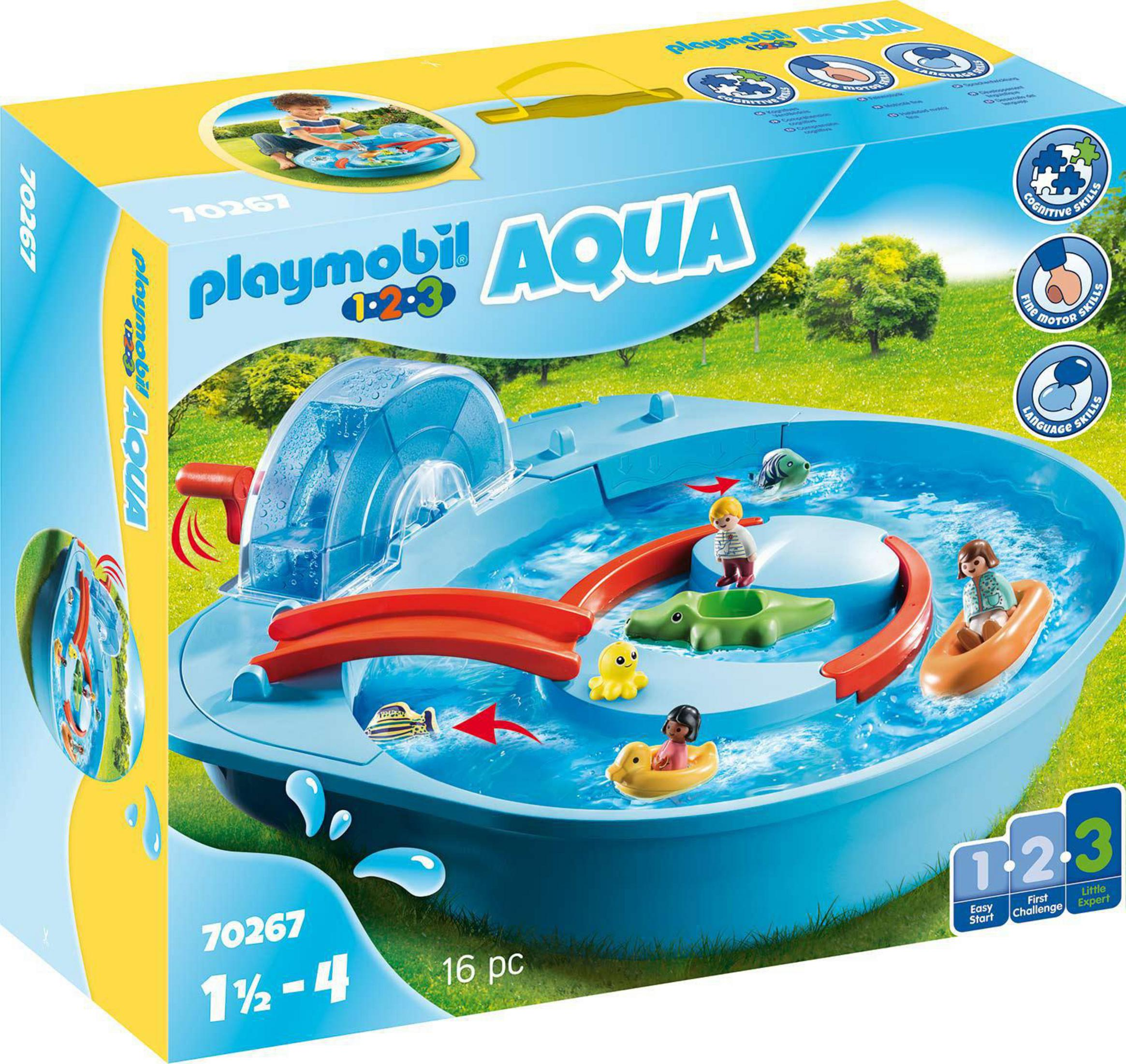 Playmobil Aqua playset con una piscina blu e personaggi giocattolo.
