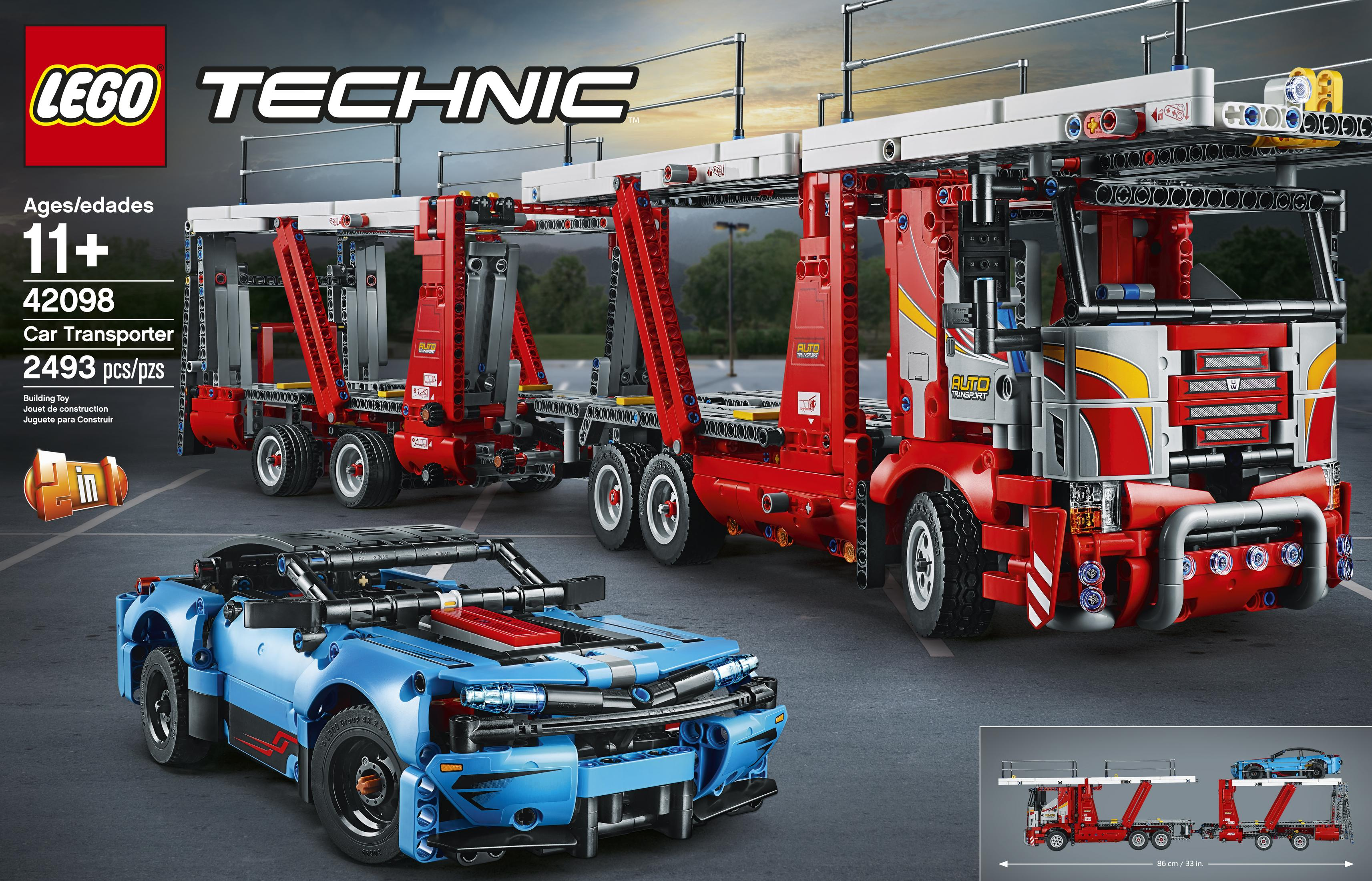 Zestaw Lego Technic przedstawiający lawetę z niebieskim samochodem sportowym. Zestaw dla osób w wieku 11+.